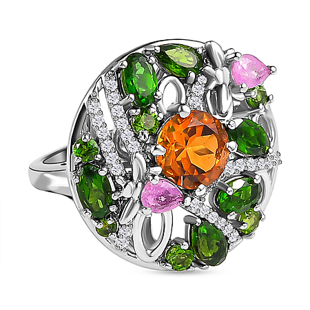 GP Italian Garden Collection - Madeira Citrine, Natural Chrome Diopside & Multi Gemstone Ring in Platinum Overlay Sterling Silver 3.86 Ct.