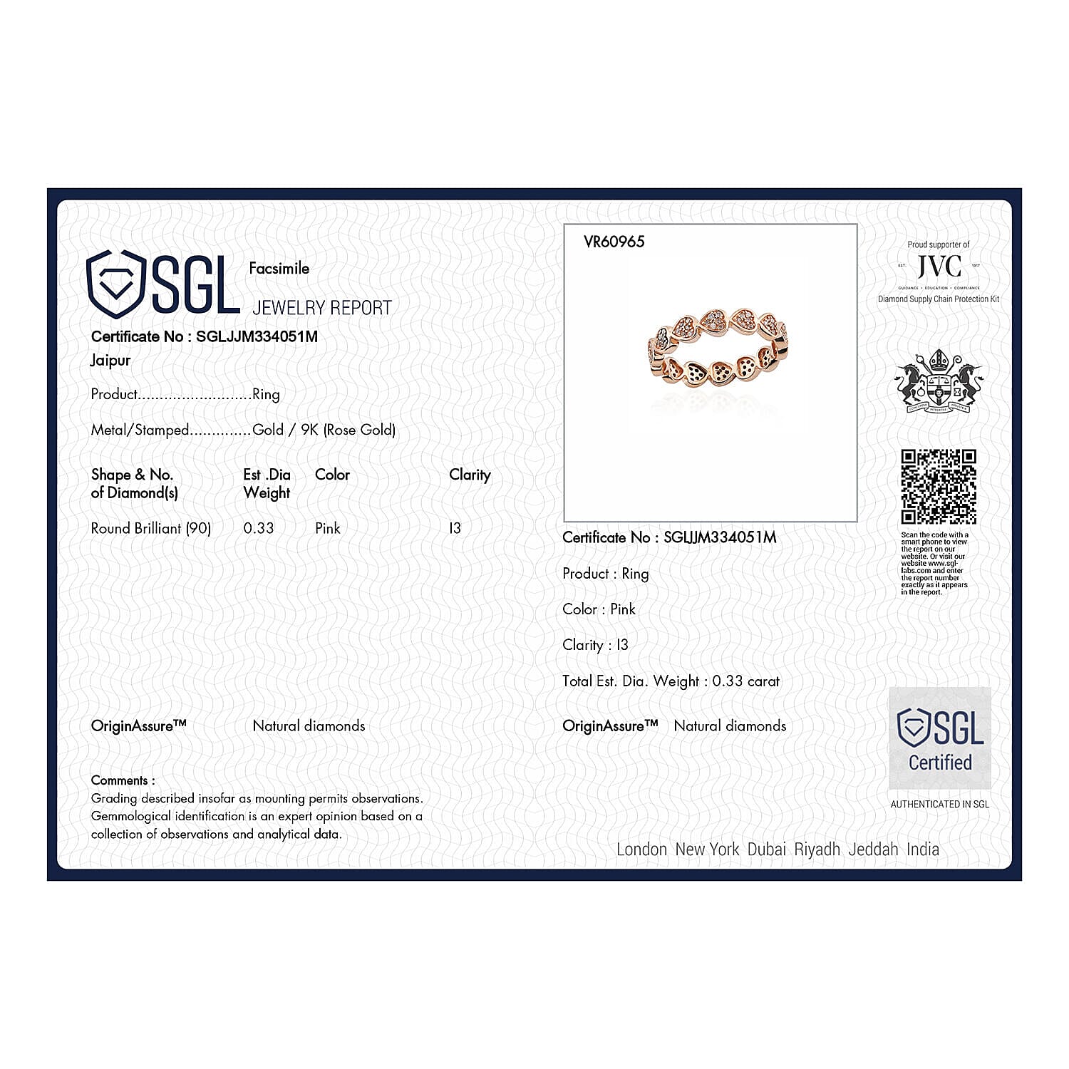 9K Rose Gold SGL Certified Natural Pink Diamond (I3)  Heart Band Ring 0.33 Ct.