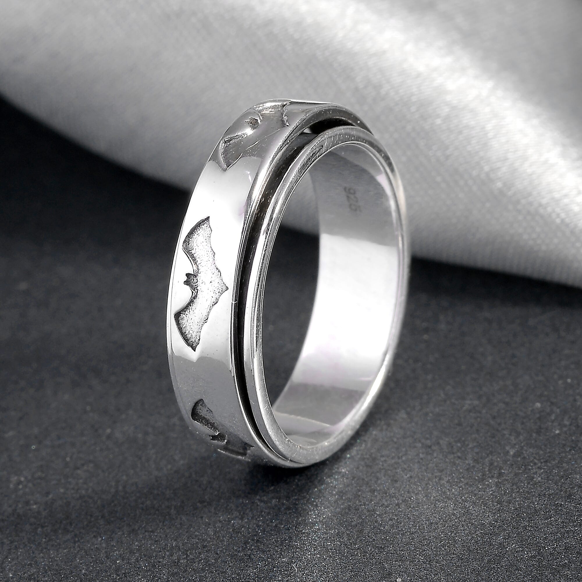 Platinum Overlay Sterling Silver Spinner Bat Ring