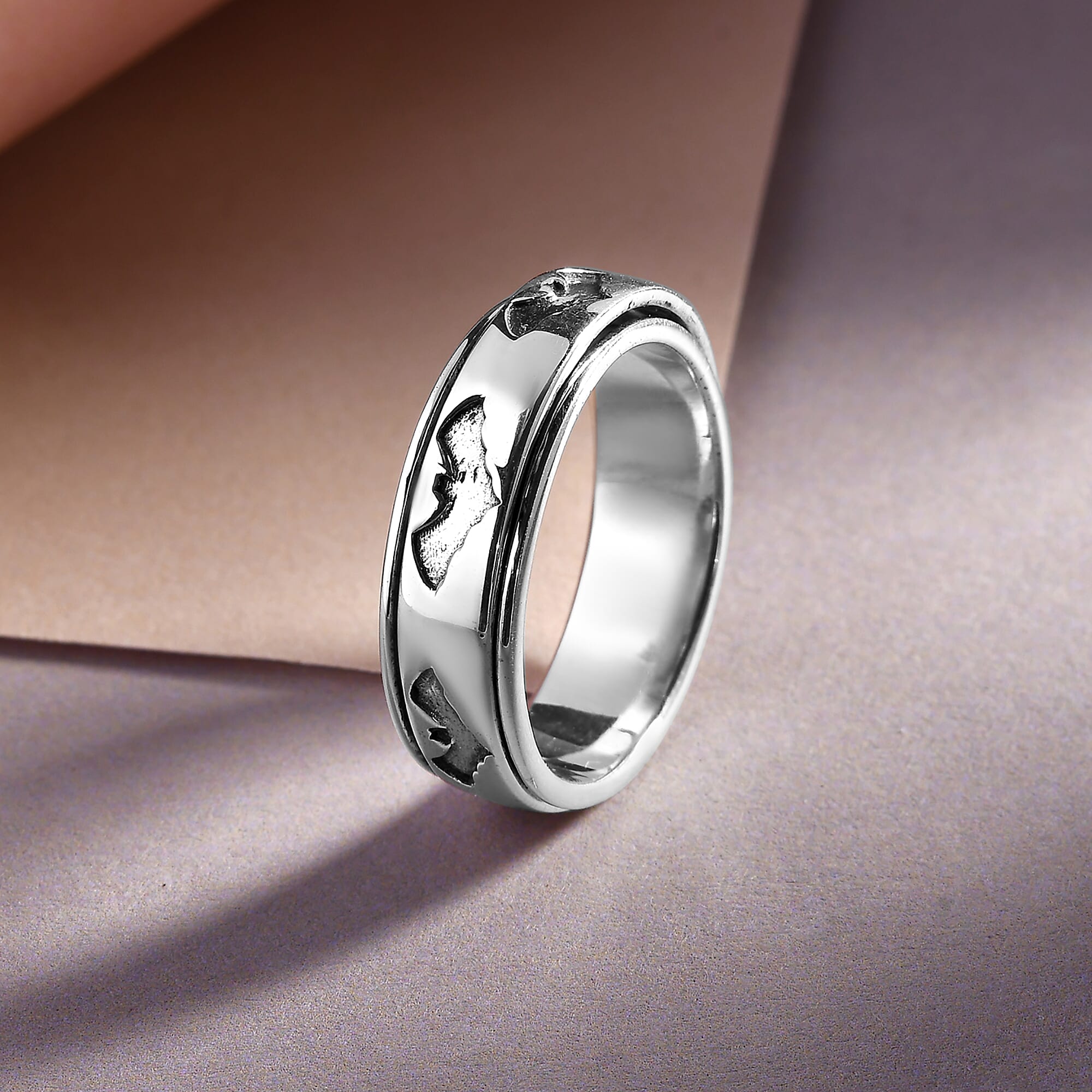 Platinum Overlay Sterling Silver Spinner Bat Ring