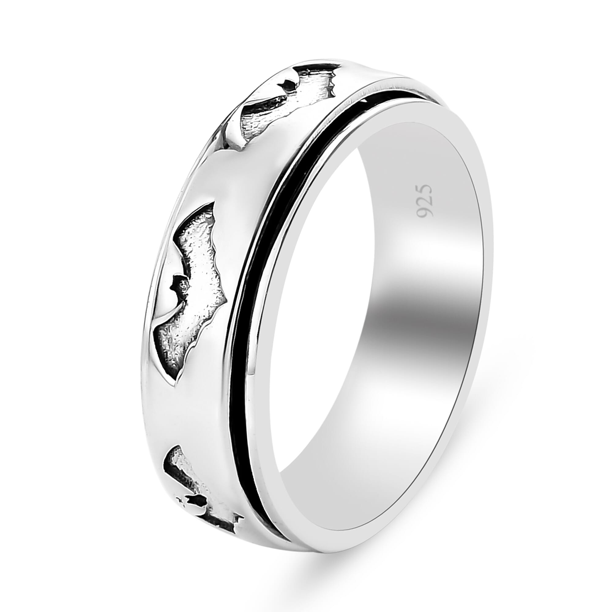 Platinum Overlay Sterling Silver Spinner Bat Ring