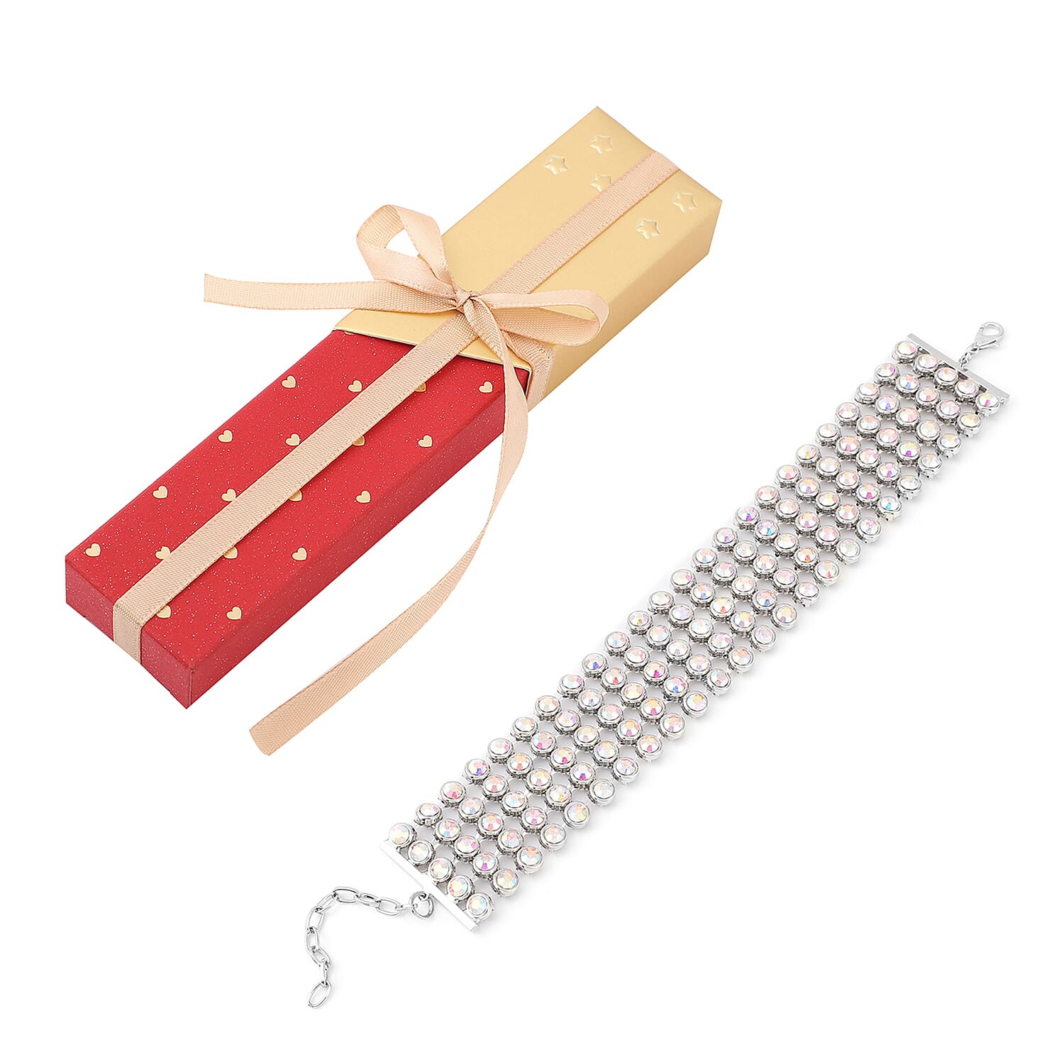 White Aurora Borealis Crystal Bracelet With GiftBox (Size - 7.5 with 2 inch Extender) in Silver Tone