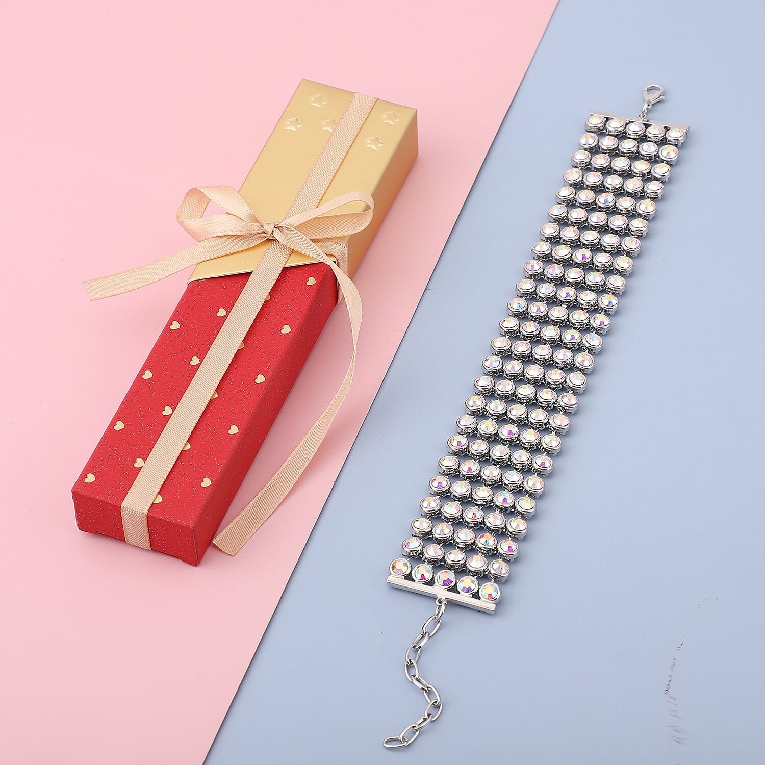 White Aurora Borealis Crystal Bracelet With GiftBox (Size - 7.5 with 2 inch Extender) in Silver Tone