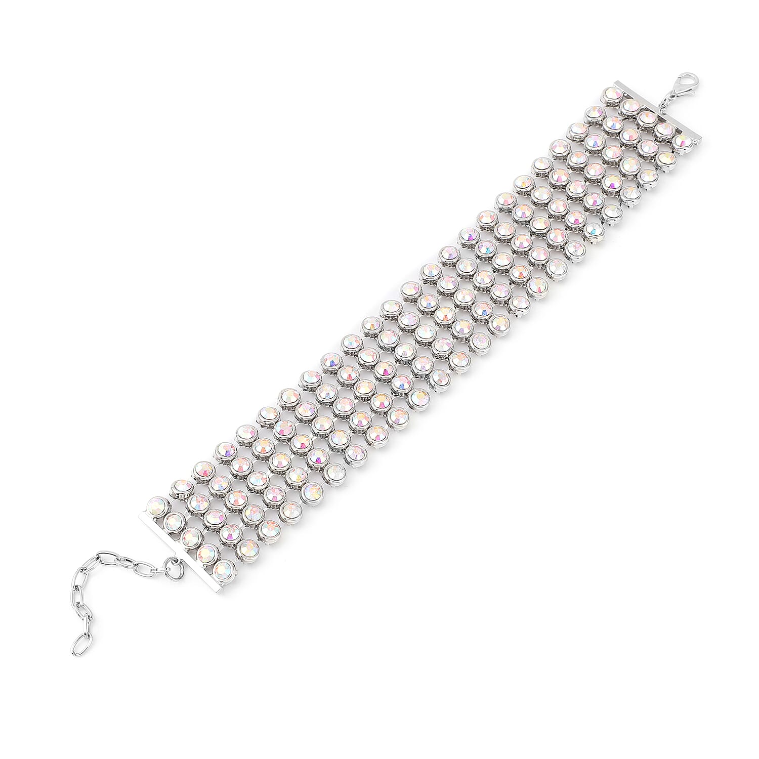 White Aurora Borealis Crystal Bracelet With GiftBox (Size - 7.5 with 2 inch Extender) in Silver Tone