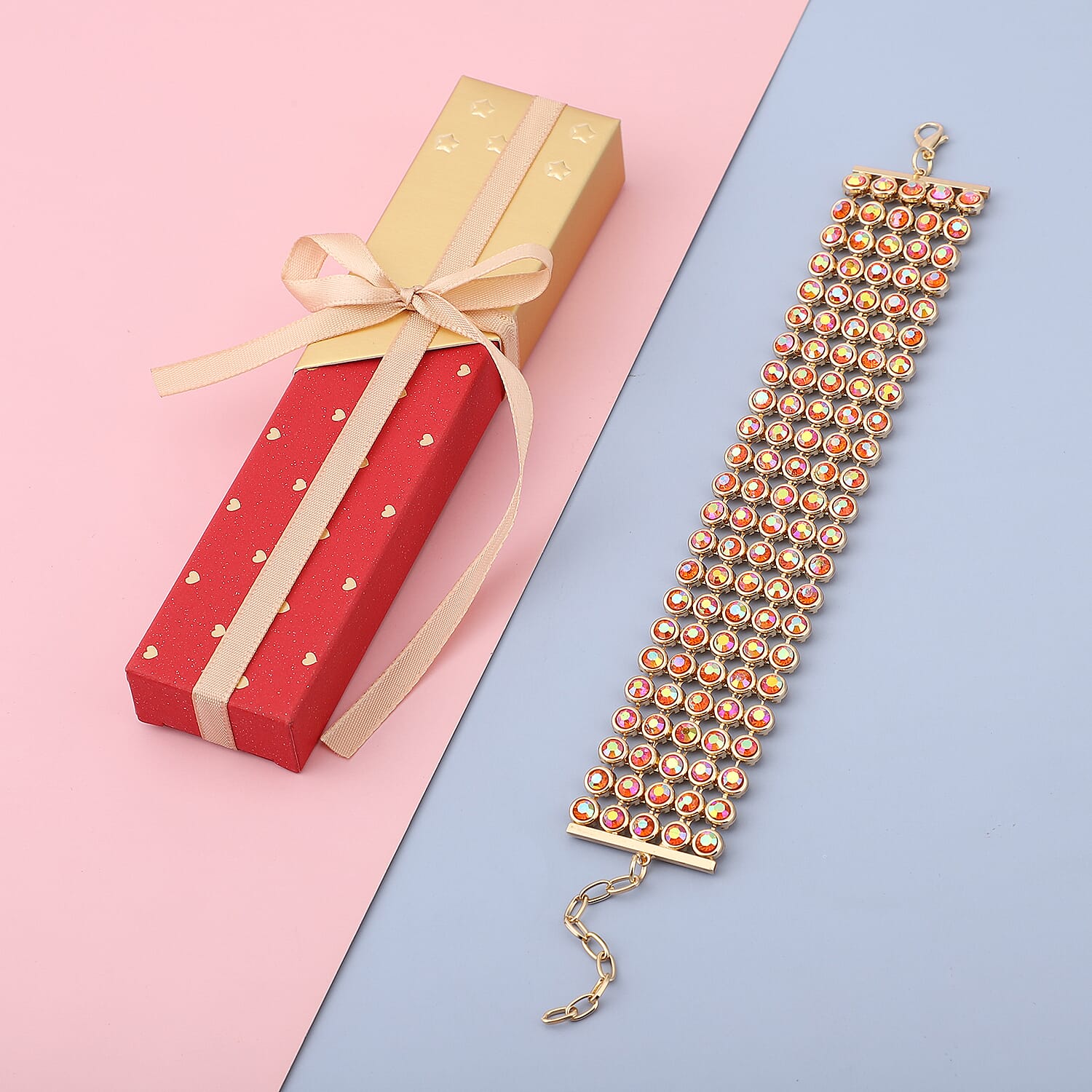 Orange Magic Crystal Bracelet With Gift Box (Size - 7.5 with 2 inch Extender) in Yellow Gold Tone