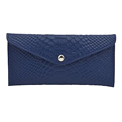 Genuine Leather RFID Protected Snakeskin Pattern Long Size Wallet with Magnetic Closure   Navy