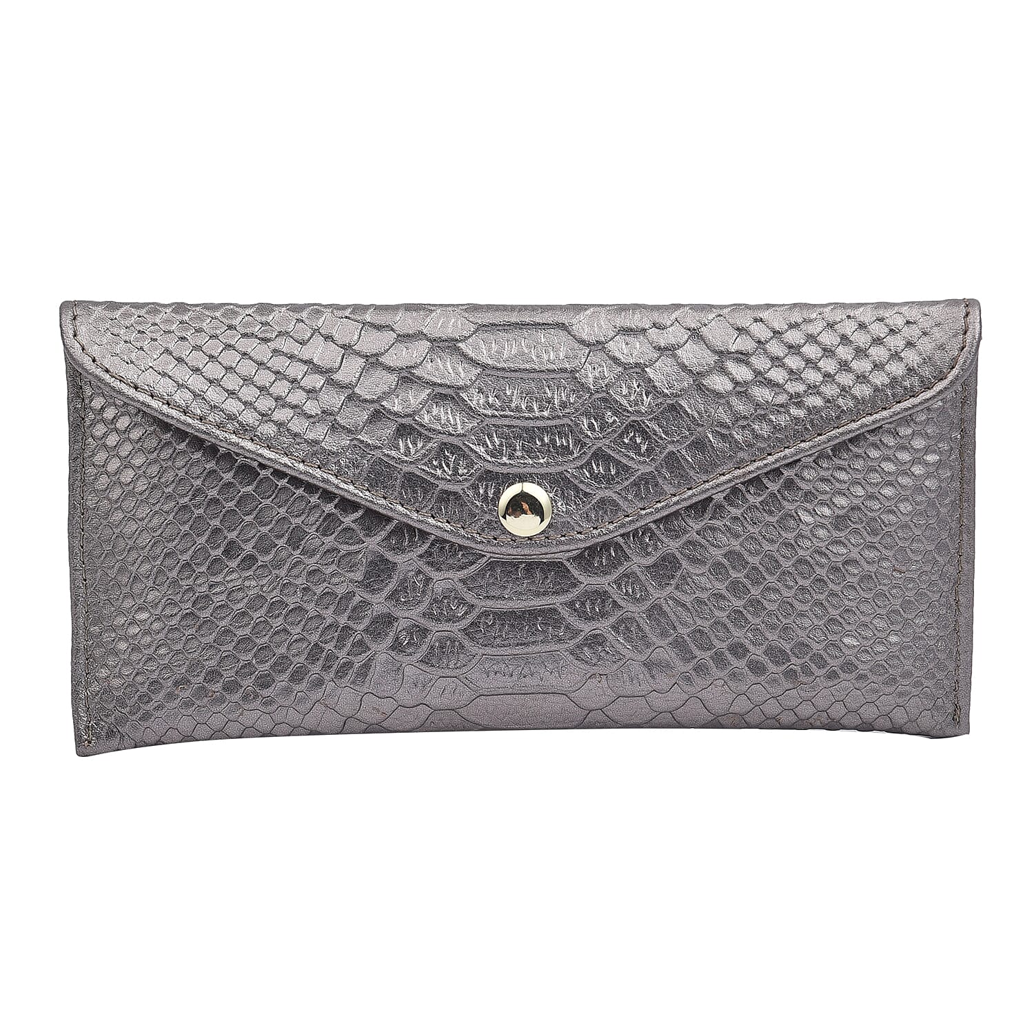 100% Genuine Leather Snakeskin Pattern Long Size Wallet with Magnetic Closure (Size 20x10Cm) - Metallic