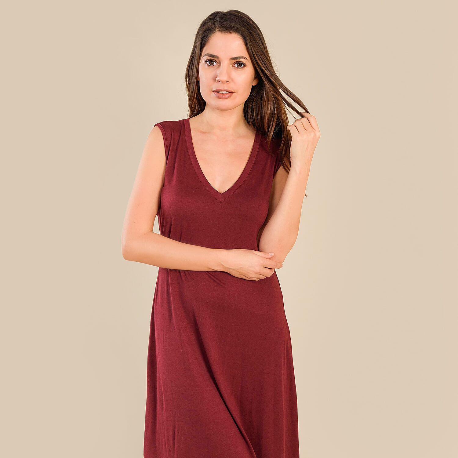 Tamsy V-Neck Sleeveless Dress (Size XXL,24-26) - Burgundy