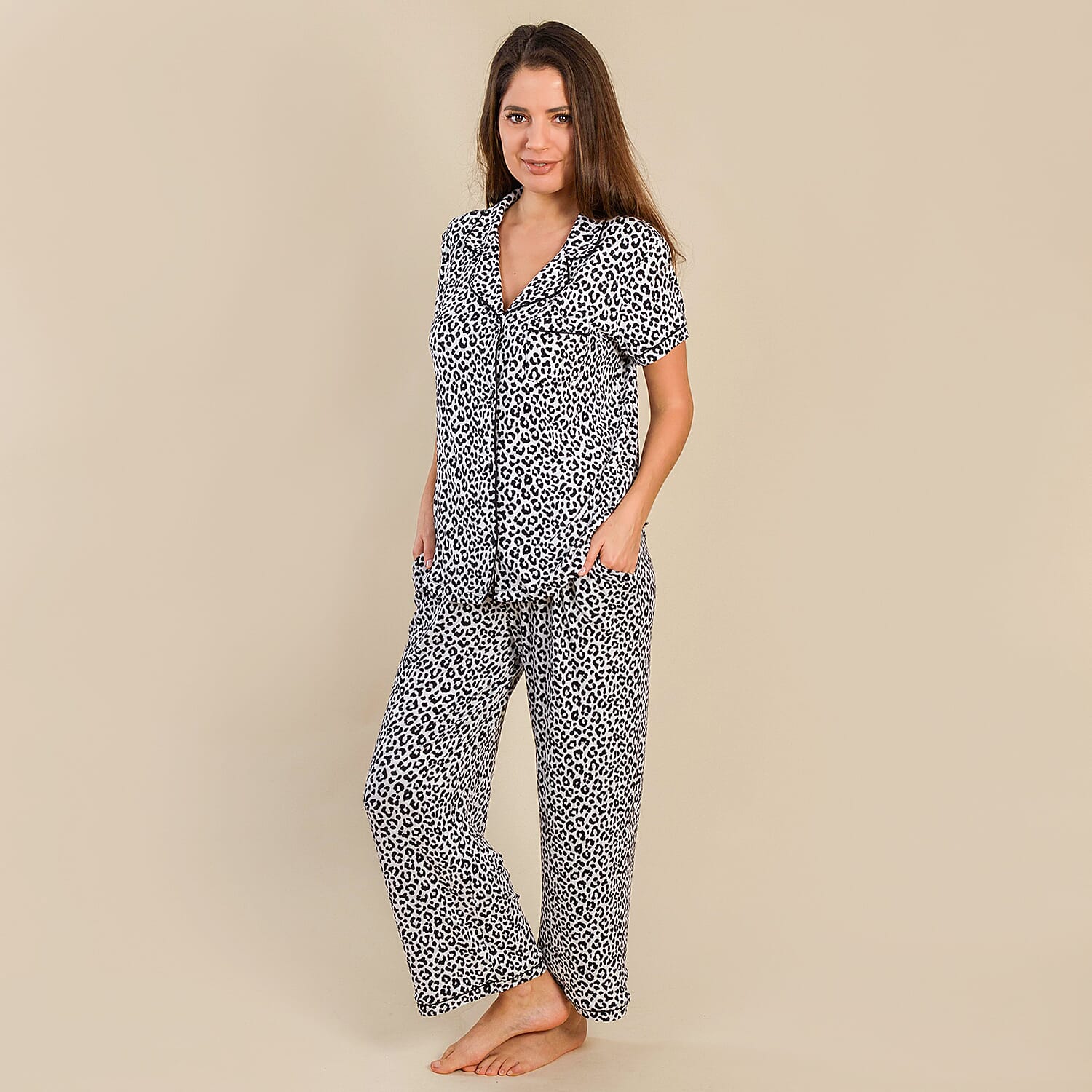 Tamsy Jersey Button Through Rever Collar Pyjama Set (Size L) - Black & White