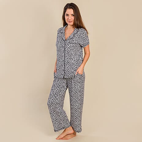 Tamsy Jersey Button Through Rever Collar Pyjama Set (Size L) - Black & White