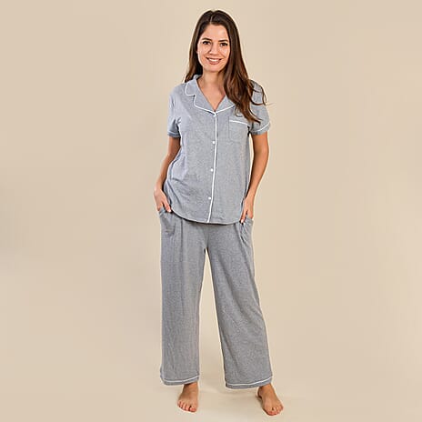 Tamsy Jersey Button Through Rever Collar Pyjama Set (Size L) - Grey