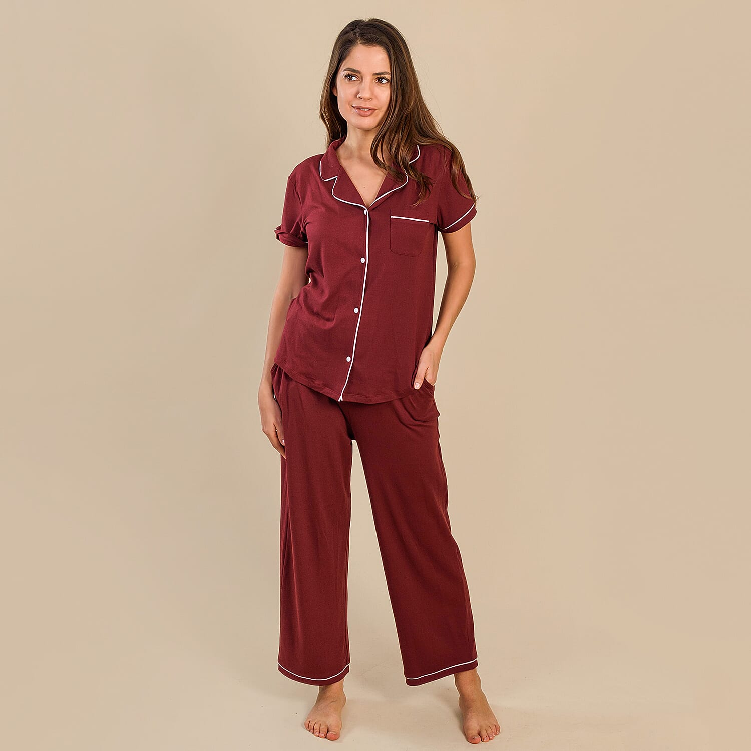 Tamsy Jersey Button Through Rever Collar Pyjama Set (Size L) - Burgundy