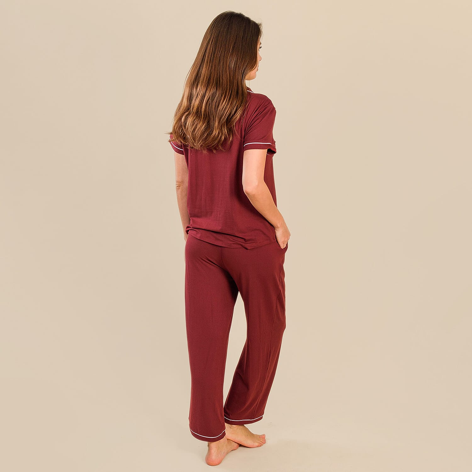 Tamsy Jersey Button Through Rever Collar Pyjama Set (Size L) - Burgundy