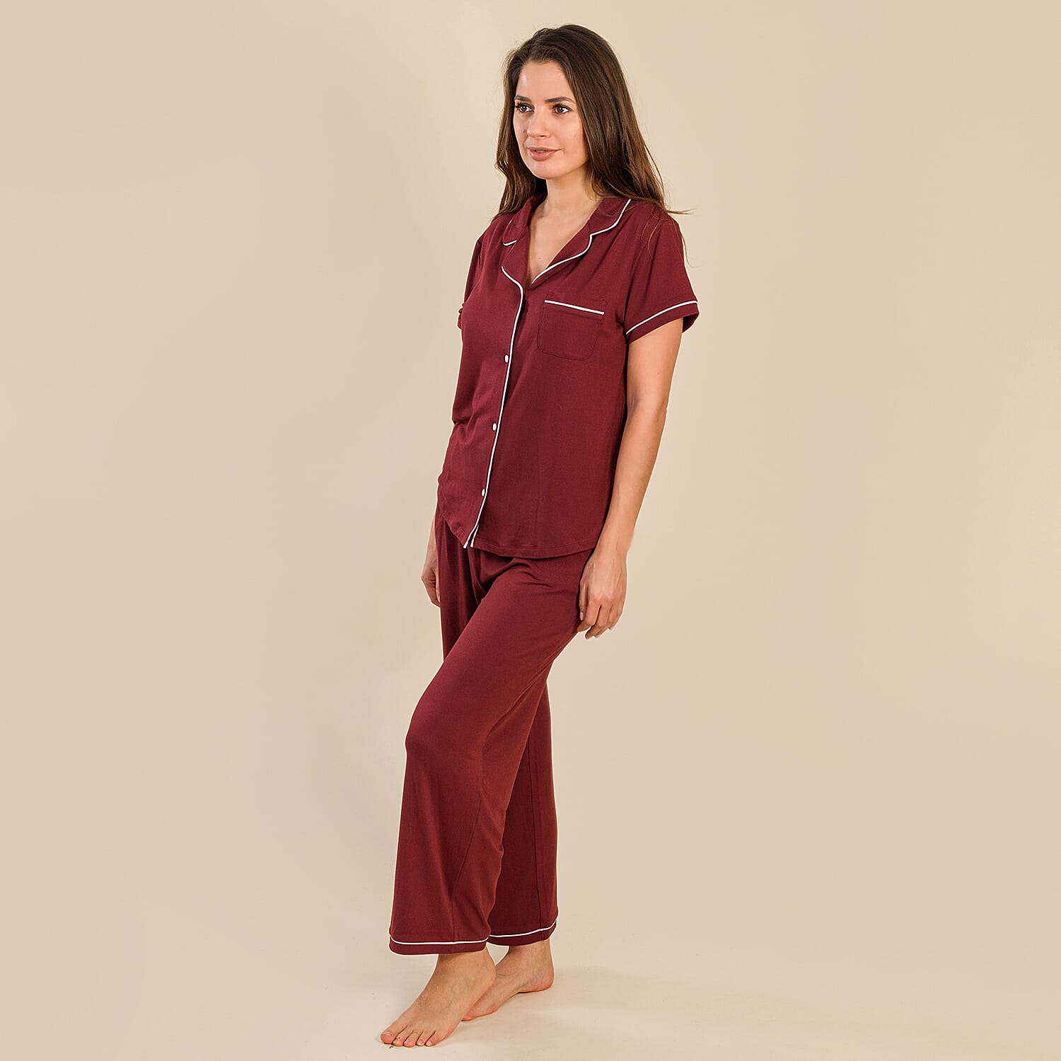 Tamsy Jersey Button Through Rever Collar Pyjama Set (Size L) - Burgundy