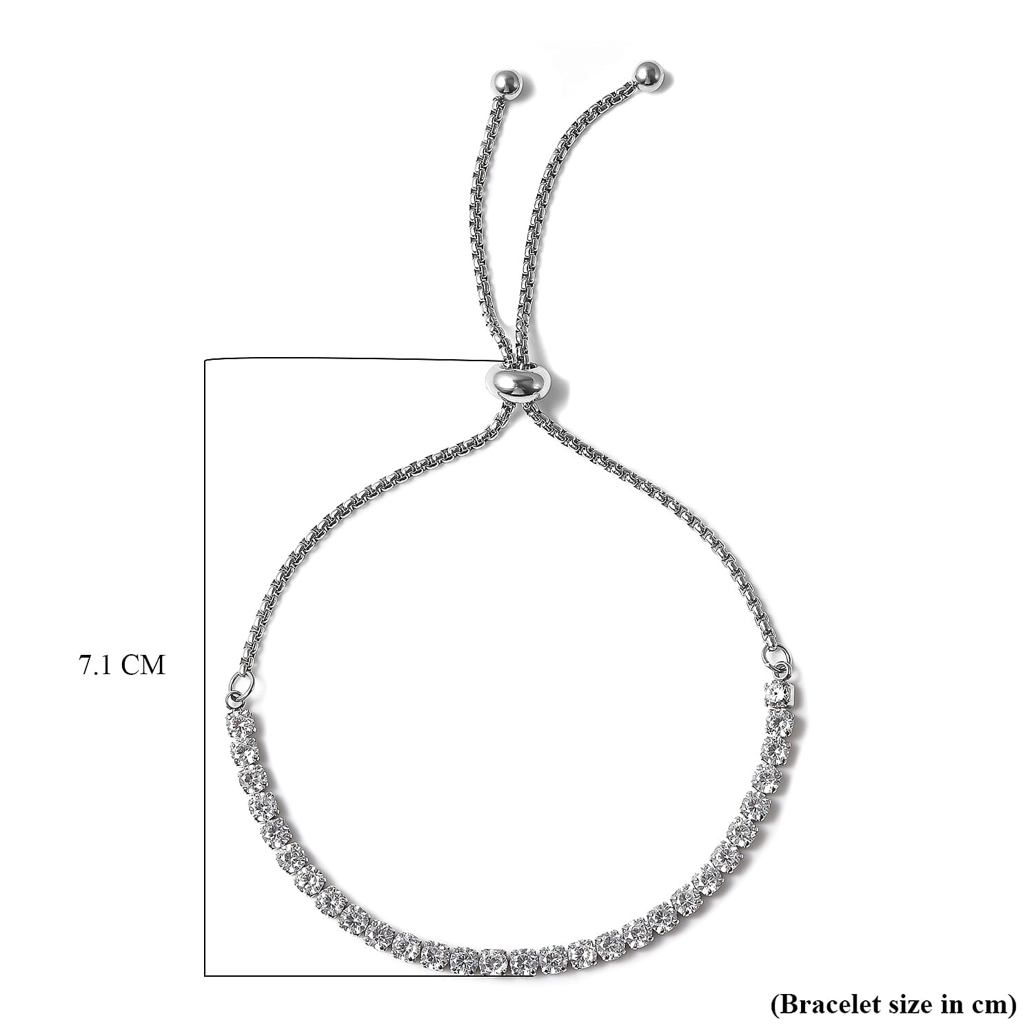 Simulated Diamond Bracelet (Size 6-9 inch Adjustable) in Silver Tone