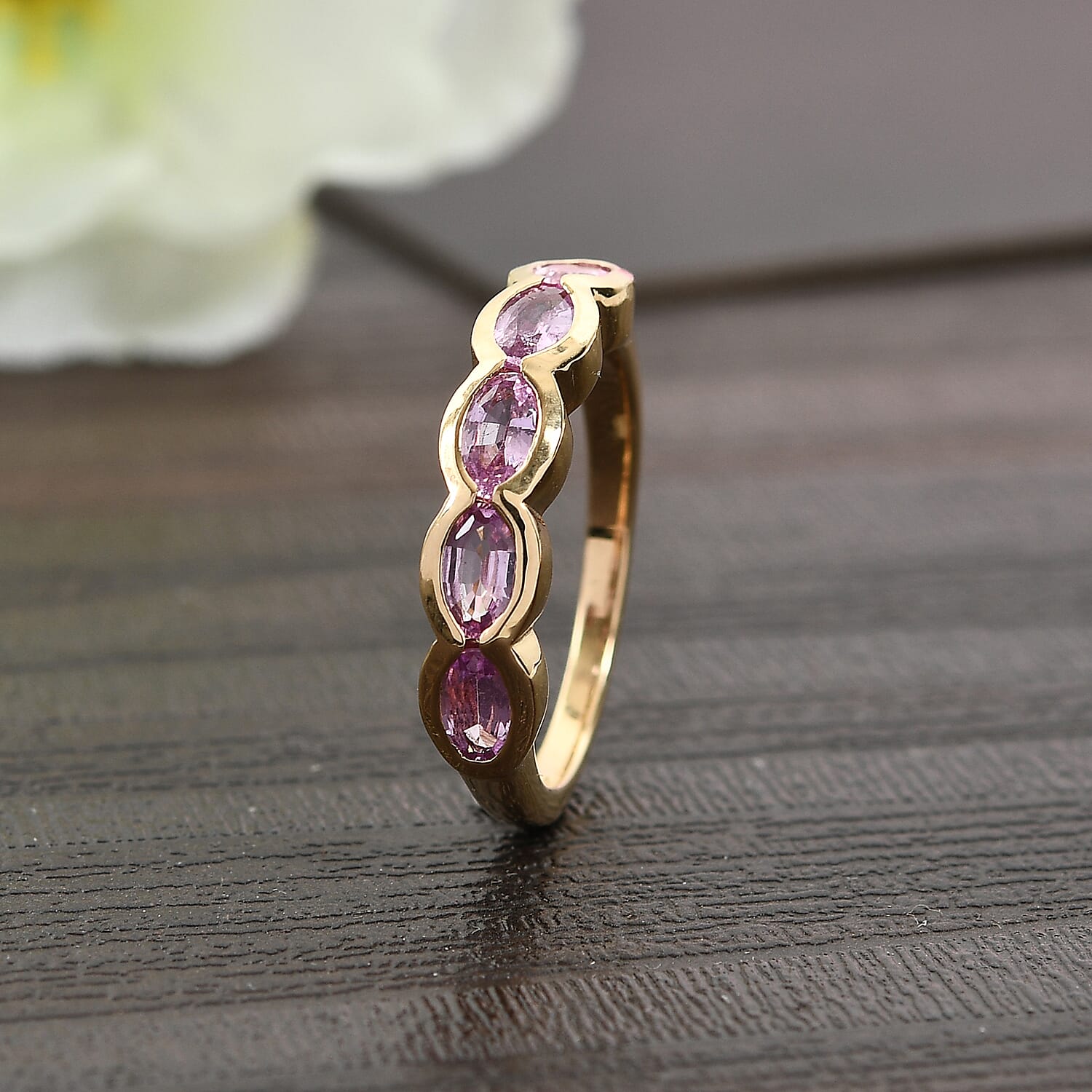 Pink Sapphire (FF) 5 Stone Ring in Yellow Gold Overlay Sterling Silver 1.28 Ct.