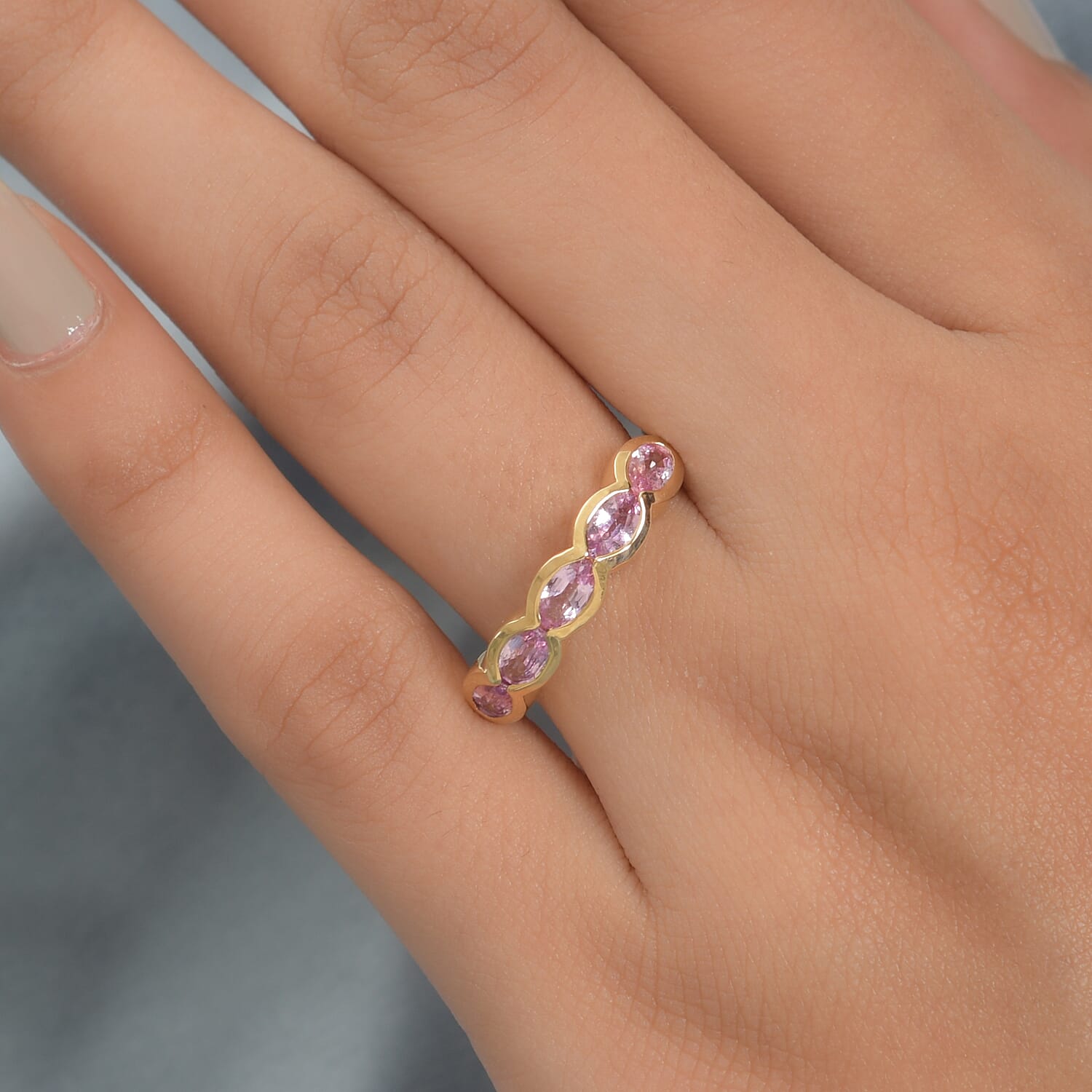 Pink Sapphire (FF) 5 Stone Ring in Yellow Gold Overlay Sterling Silver 1.28 Ct.