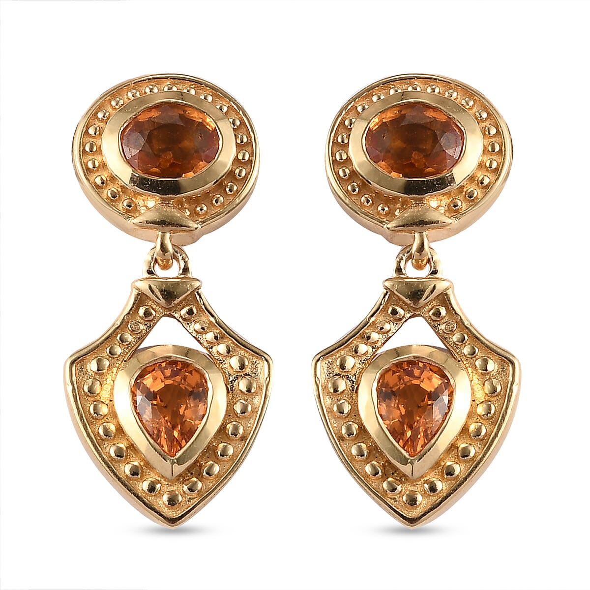 Orange Sapphire Dangle Earrings (with Push Back) in Yellow Gold Overlay Sterling Silver 1.68 Ct.