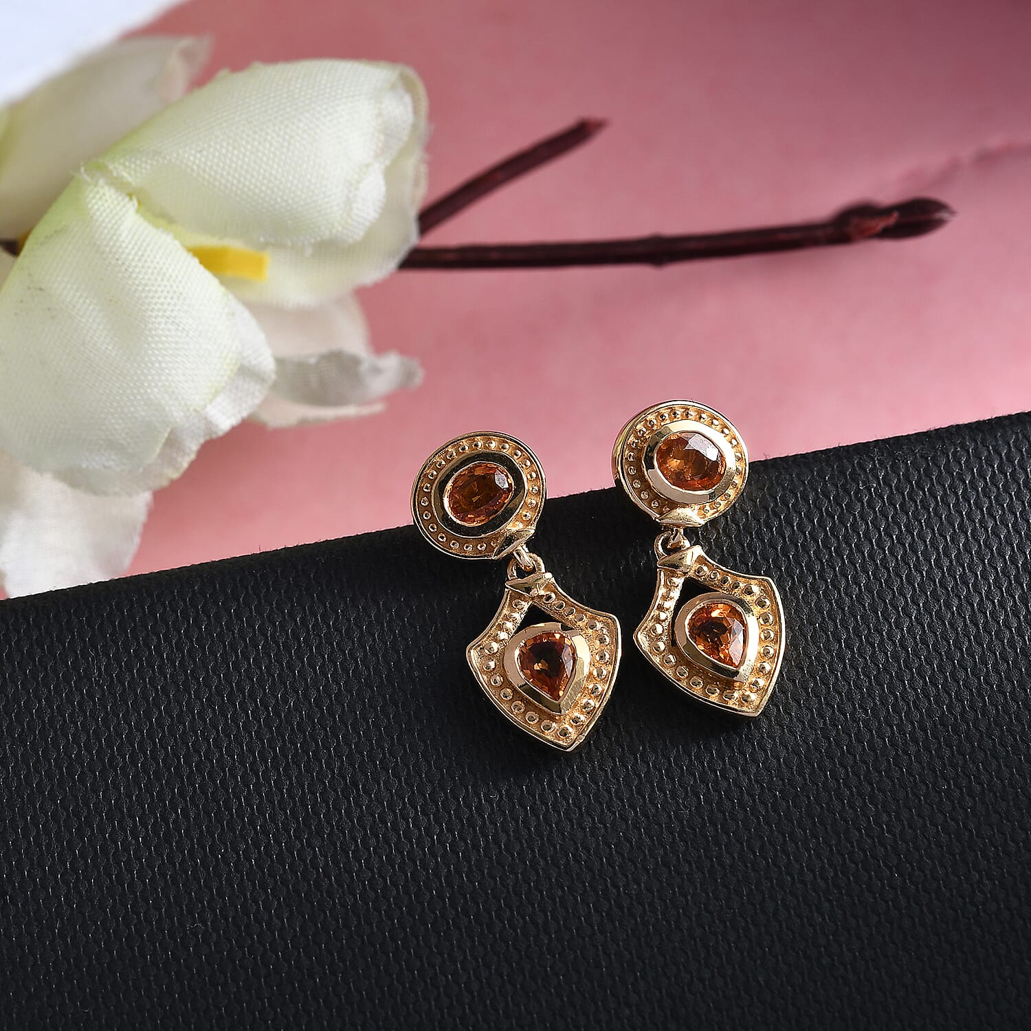 Orange Sapphire Dangle Earrings (with Push Back) in Yellow Gold Overlay Sterling Silver 1.68 Ct.