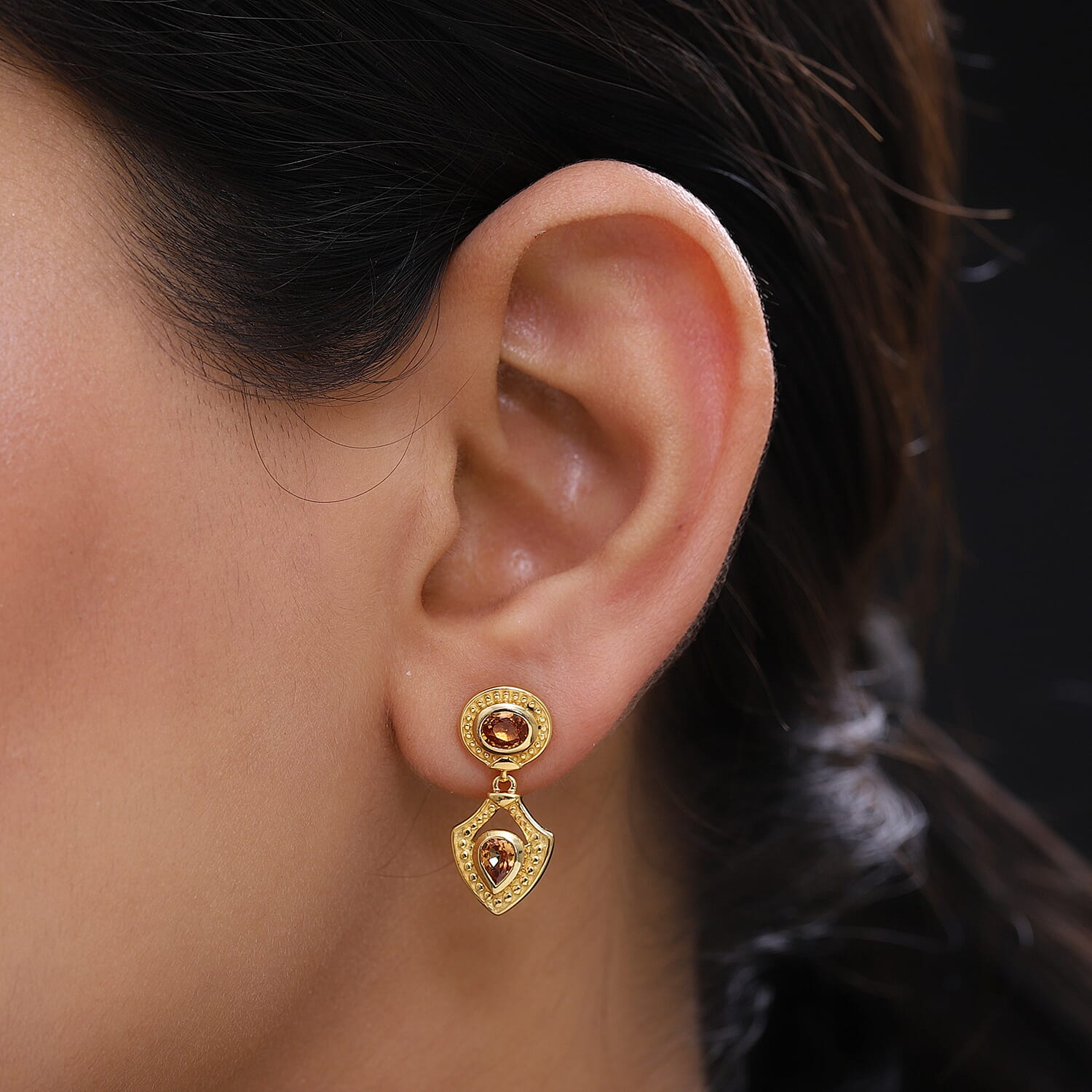 Orange Sapphire Dangle Earrings (with Push Back) in Yellow Gold Overlay Sterling Silver 1.68 Ct.