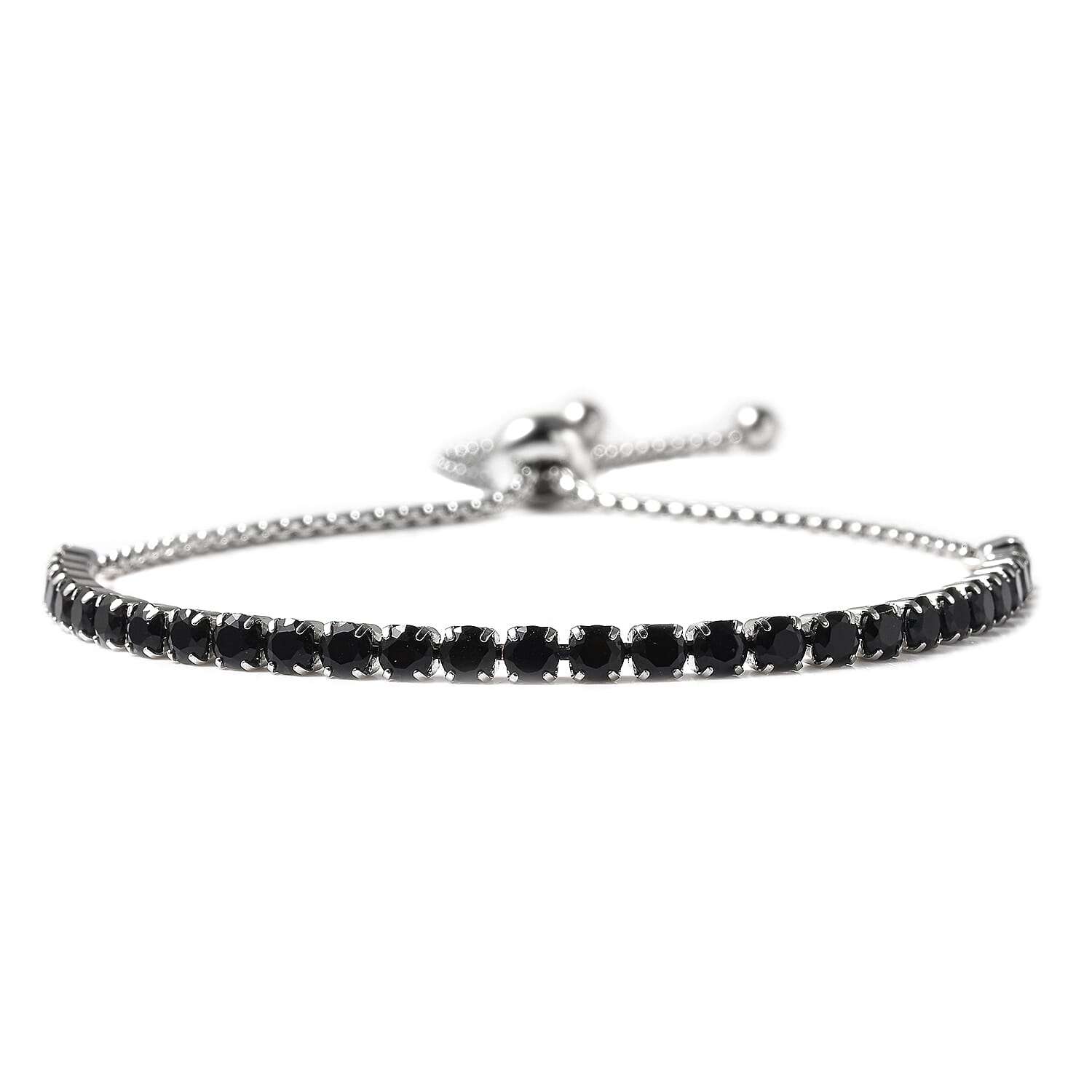 Simulated Black Spinel Bracelet (Size 6-9 Inch Adjustable) in Silver Tone