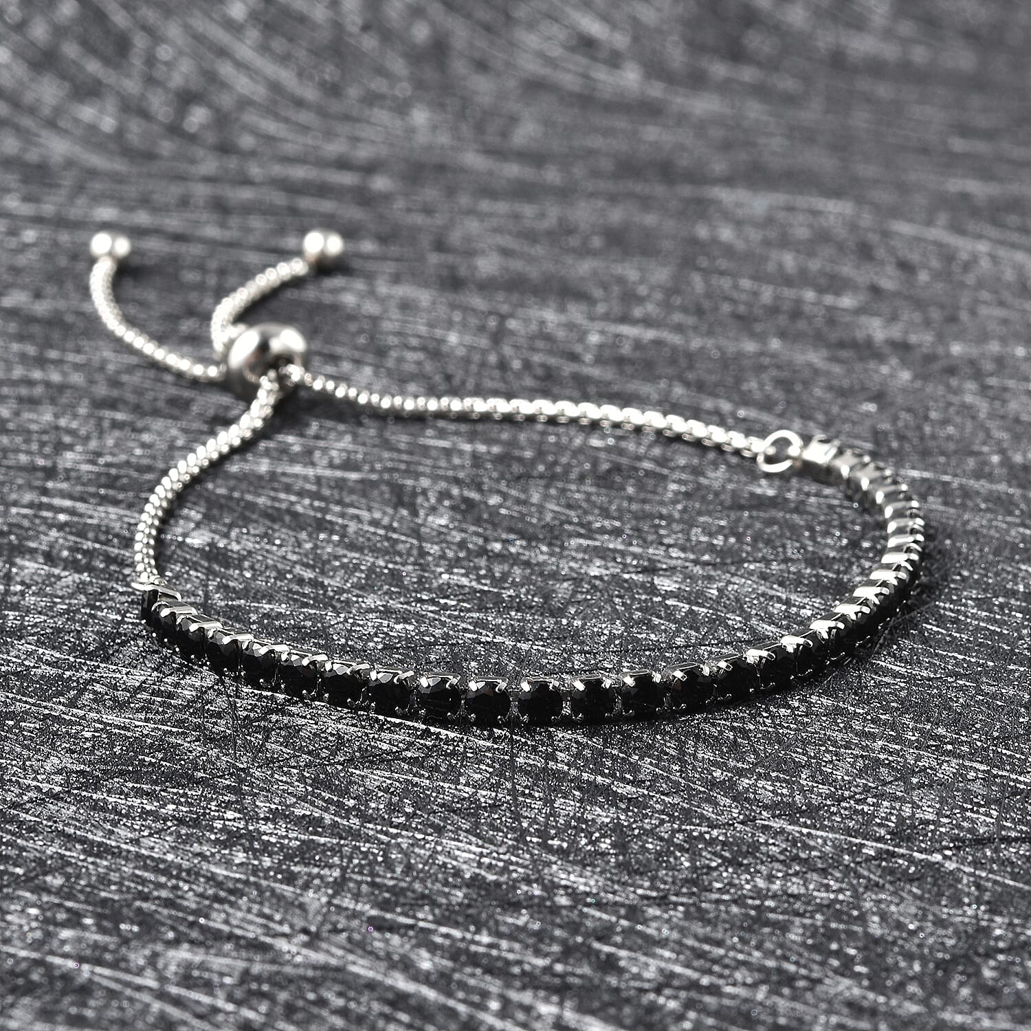 Simulated Black Spinel Bracelet (Size 6-9 Inch Adjustable) in Silver Tone