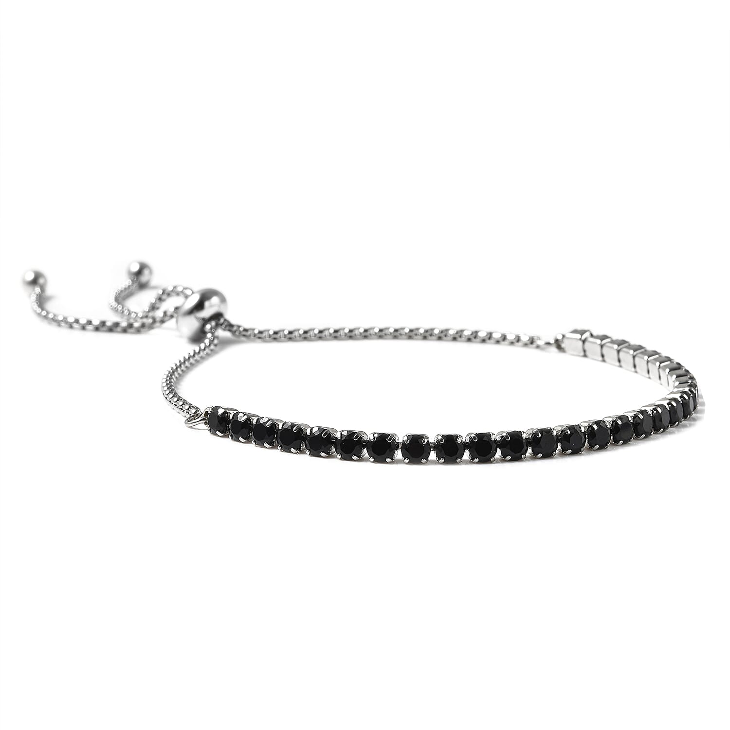Simulated Black Spinel Bracelet (Size 6-9 Inch Adjustable) in Silver Tone
