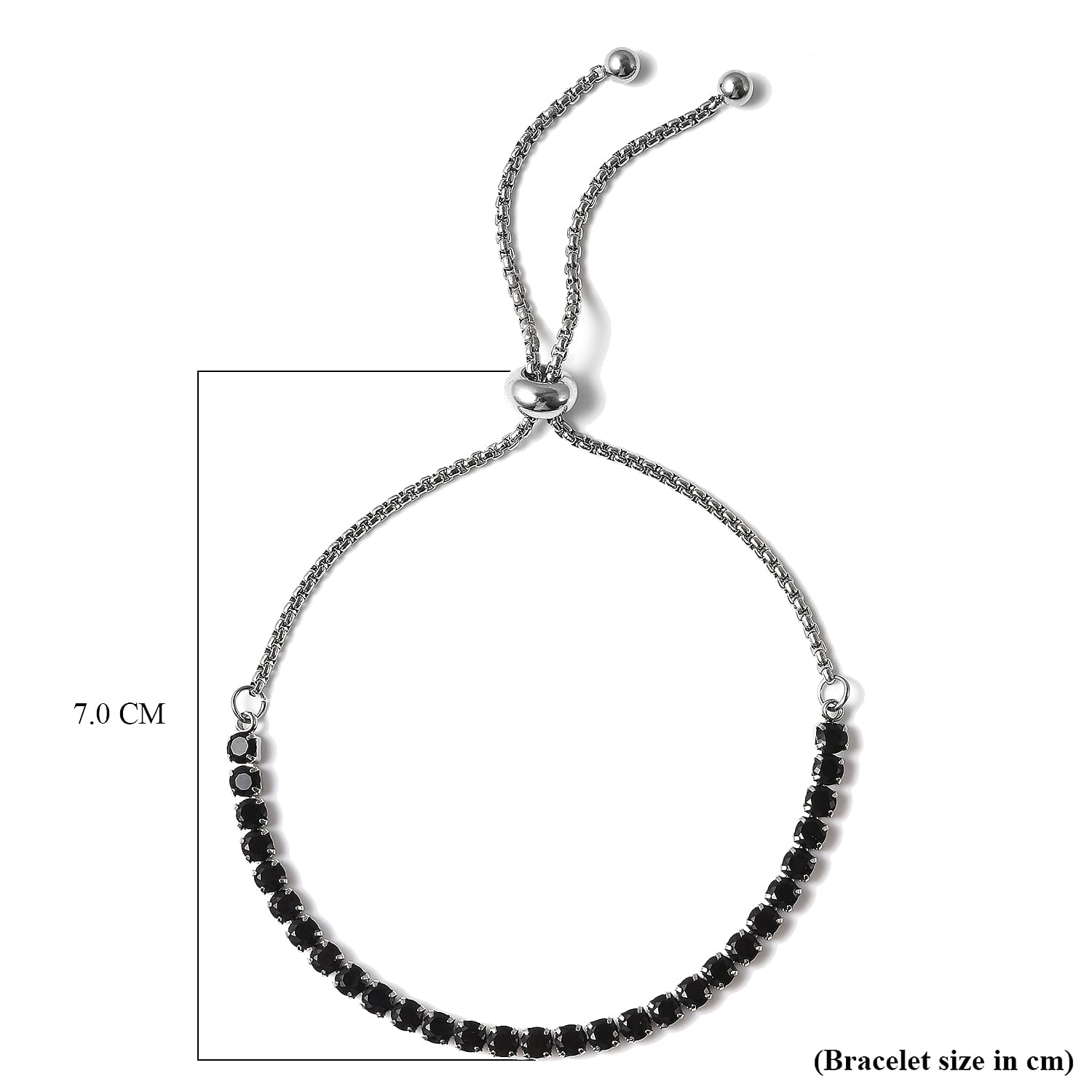Simulated Black Spinel Bracelet (Size 6-9 Inch Adjustable) in Silver Tone