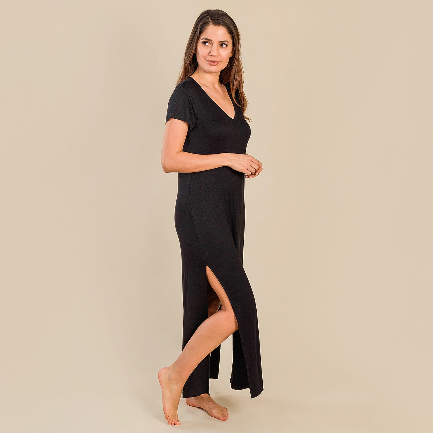 Tamsy Jersey Long Lounge Dress (Size L, 16-18) - Black