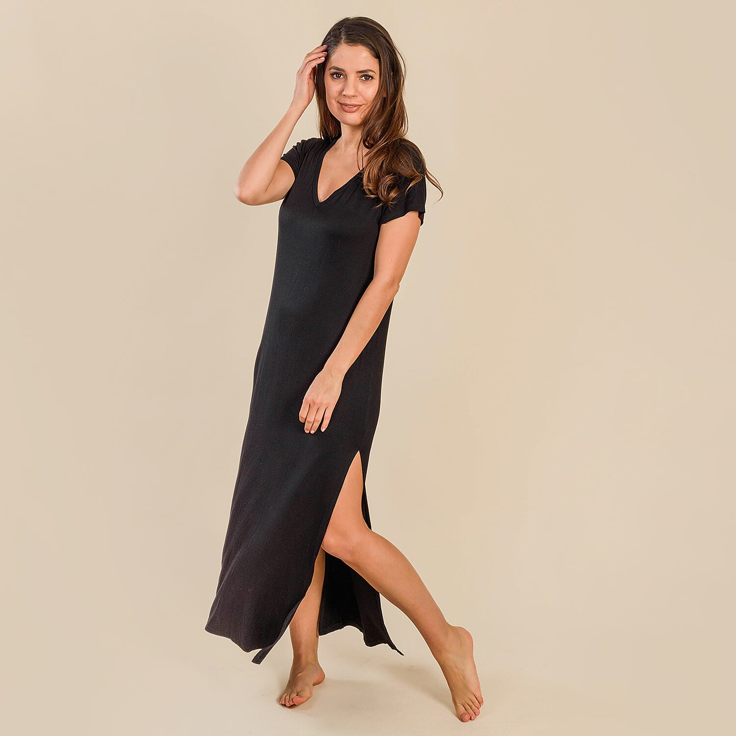 Tamsy Jersey Long Lounge Dress (Size L, 16-18) - Black