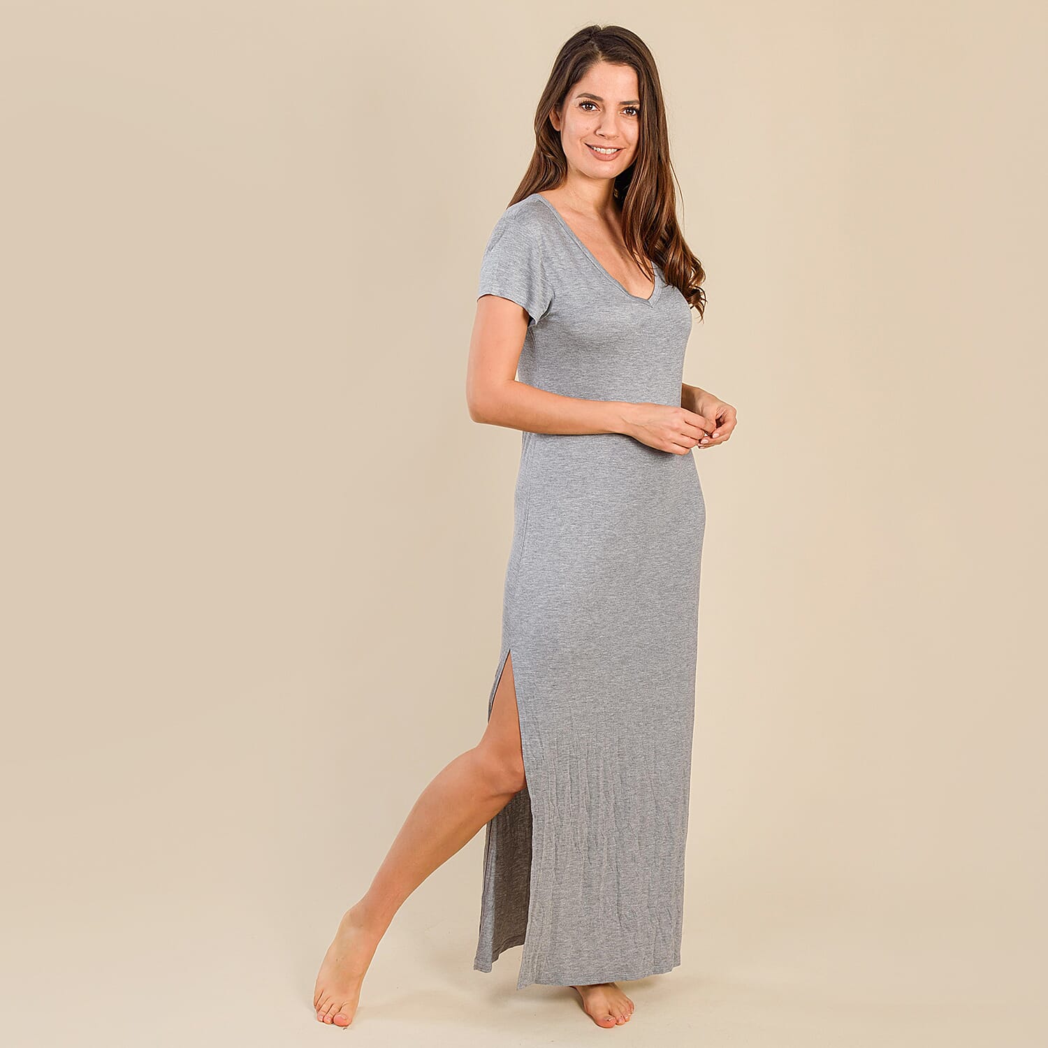 Tamsy Jersey Long Maxi Dress (Size M,12-14) - Grey