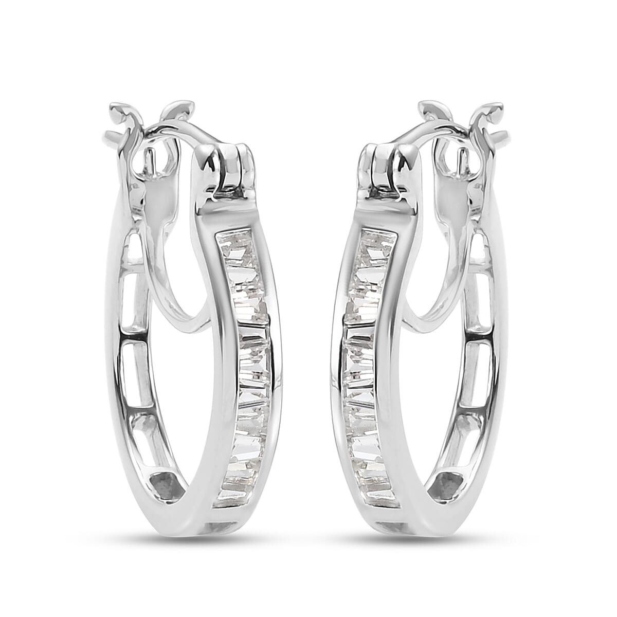 100% Natural White Sapphire J Hoop Half Hoop Earrings (with Clasp) in Platinum Overlay Sterling Silver