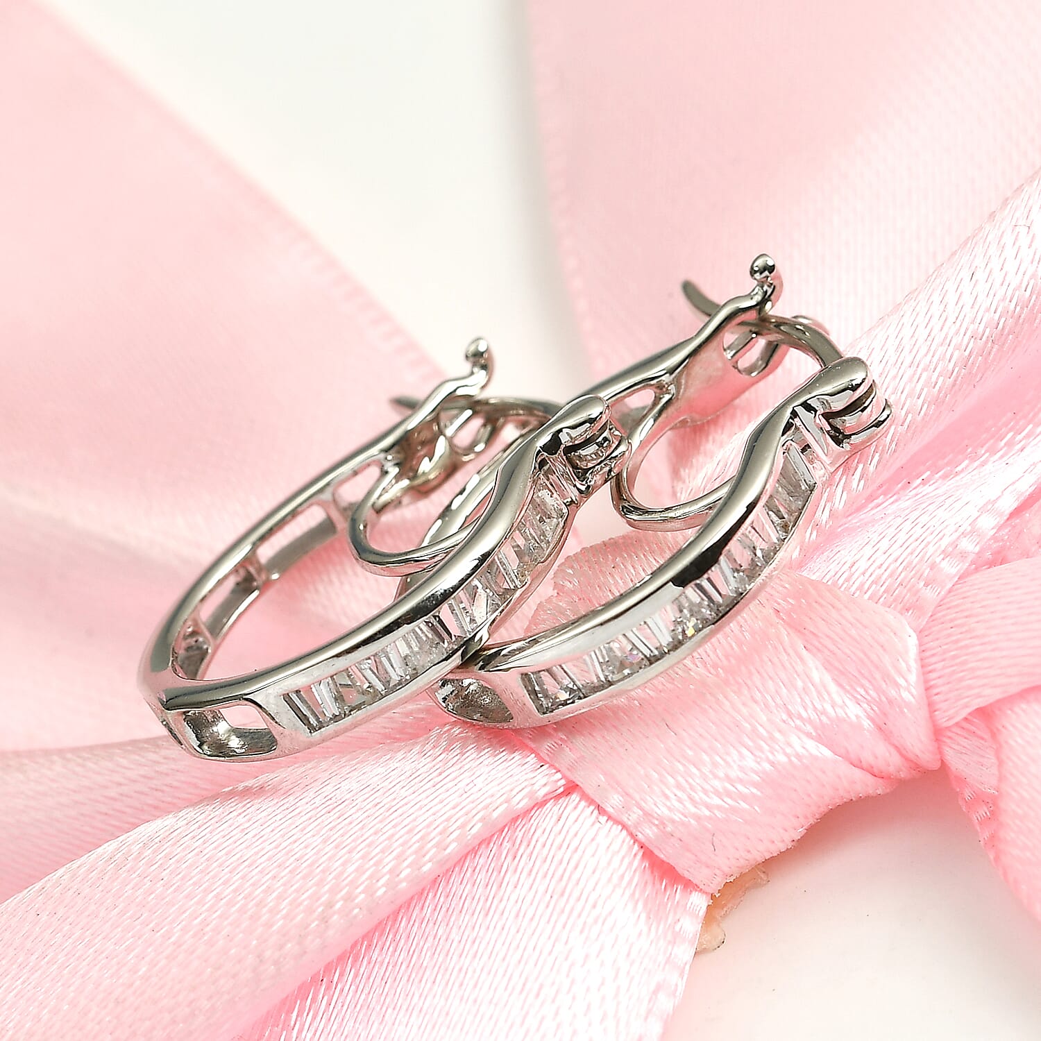 100% Natural White Sapphire J Hoop Half Hoop Earrings (with Clasp) in Platinum Overlay Sterling Silver