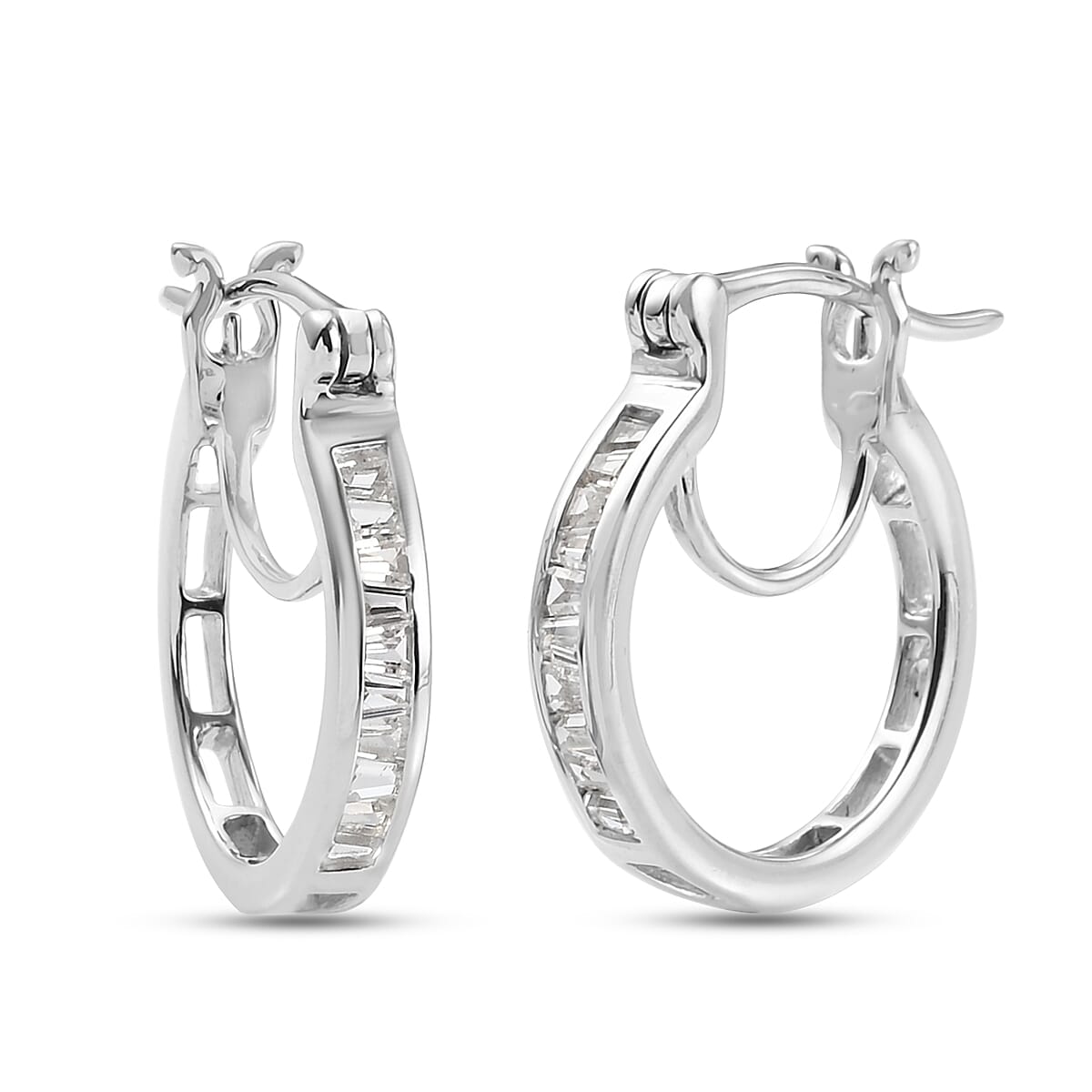 100% Natural White Sapphire J Hoop Half Hoop Earrings (with Clasp) in Platinum Overlay Sterling Silver