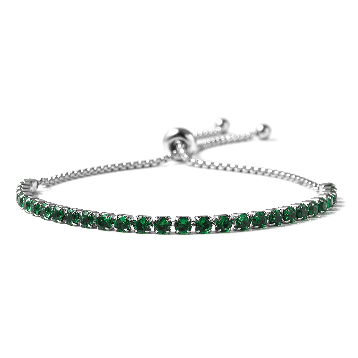 Simulated Emerald Bracelet (Size 6-9 Inch Adjustable ) in Silver Tone