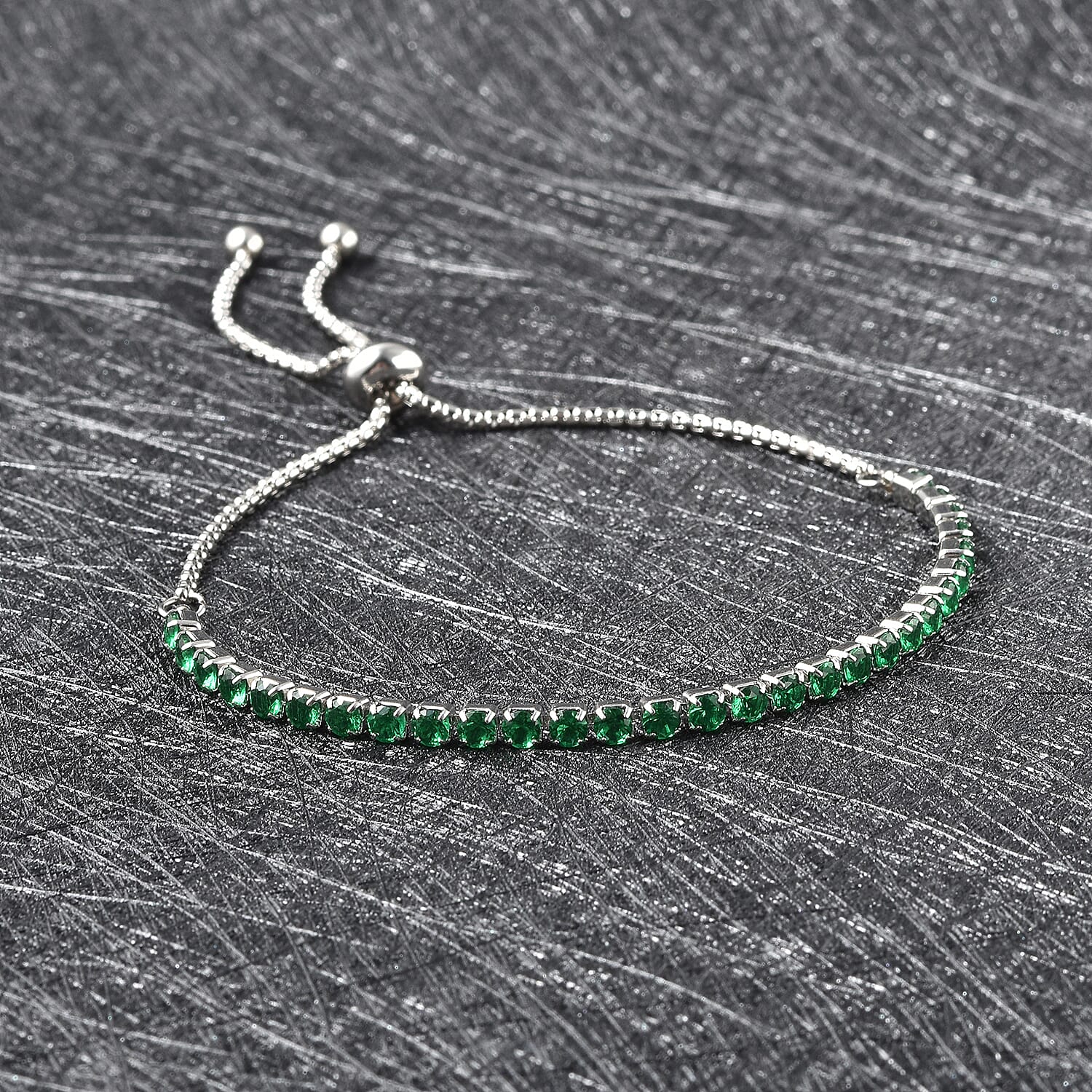 Simulated Emerald Bracelet (Size 6-9 Inch Adjustable ) in Silver Tone