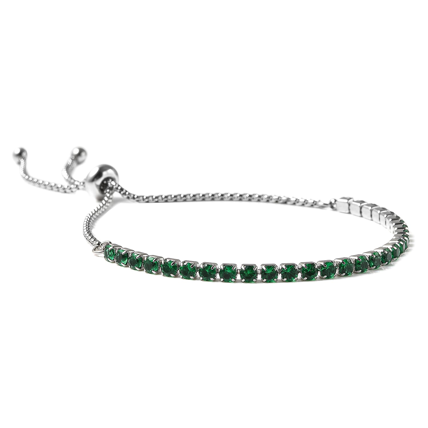 Simulated Emerald Bracelet (Size 6-9 Inch Adjustable ) in Silver Tone