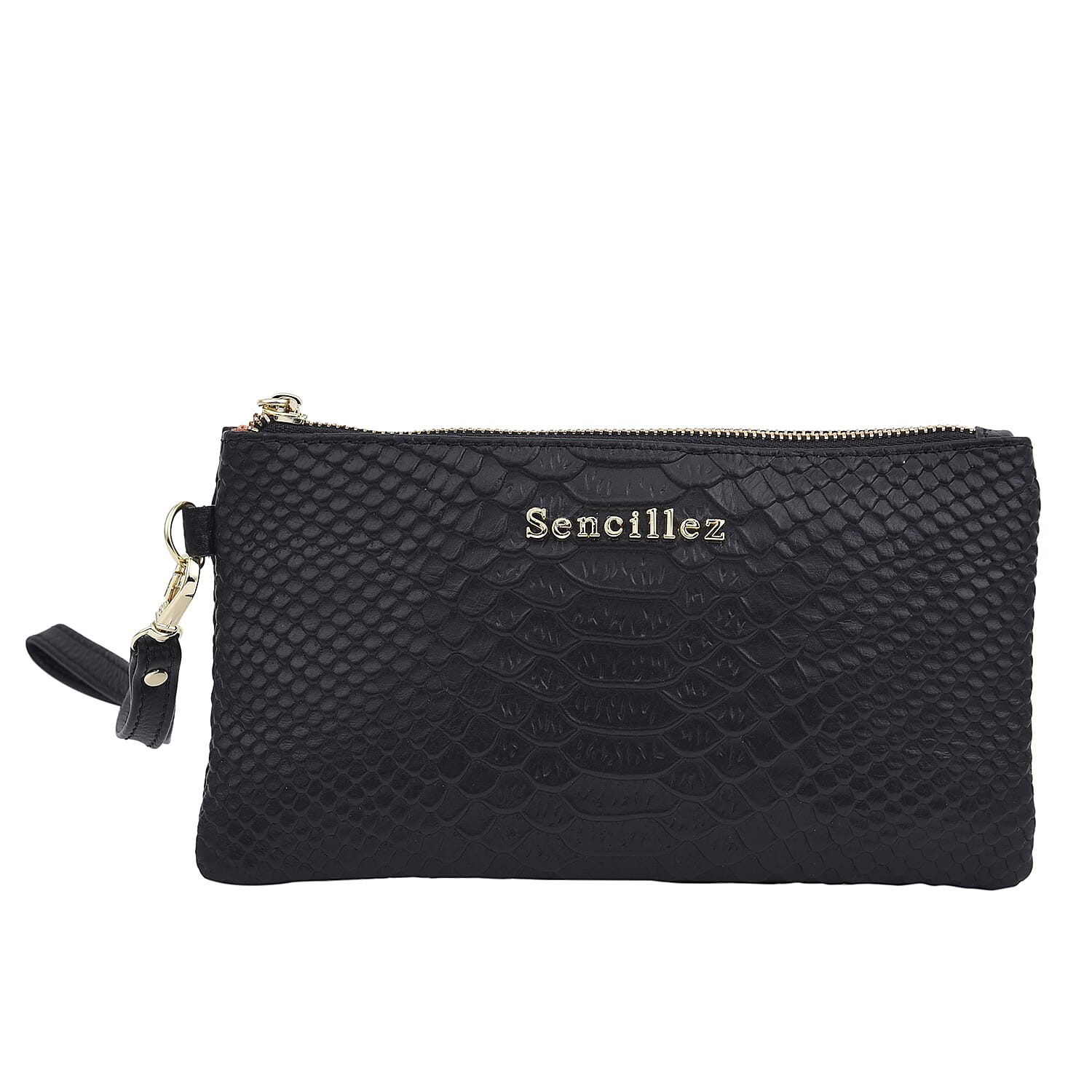 SENCILLEZ Genuine Leather Snakeskin Pattern Clutch Bag with Zipper Closure - Black