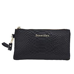 SENCILLEZ Genuine Leather Snakeskin Pattern Clutch Bag with Zipper Closure - Black