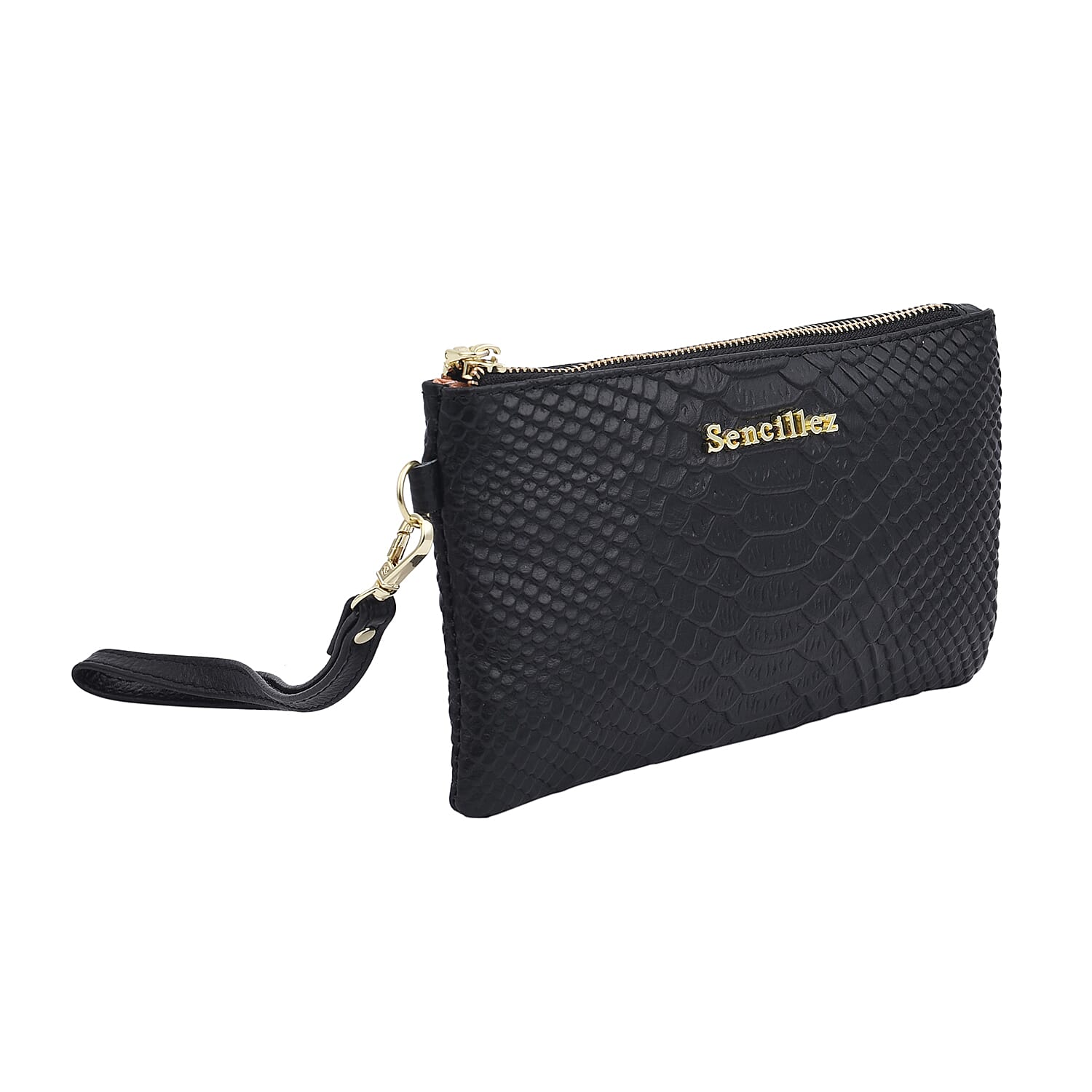 SENCILLEZ Genuine Leather Snakeskin Pattern Clutch Bag with Zipper Closure - Black
