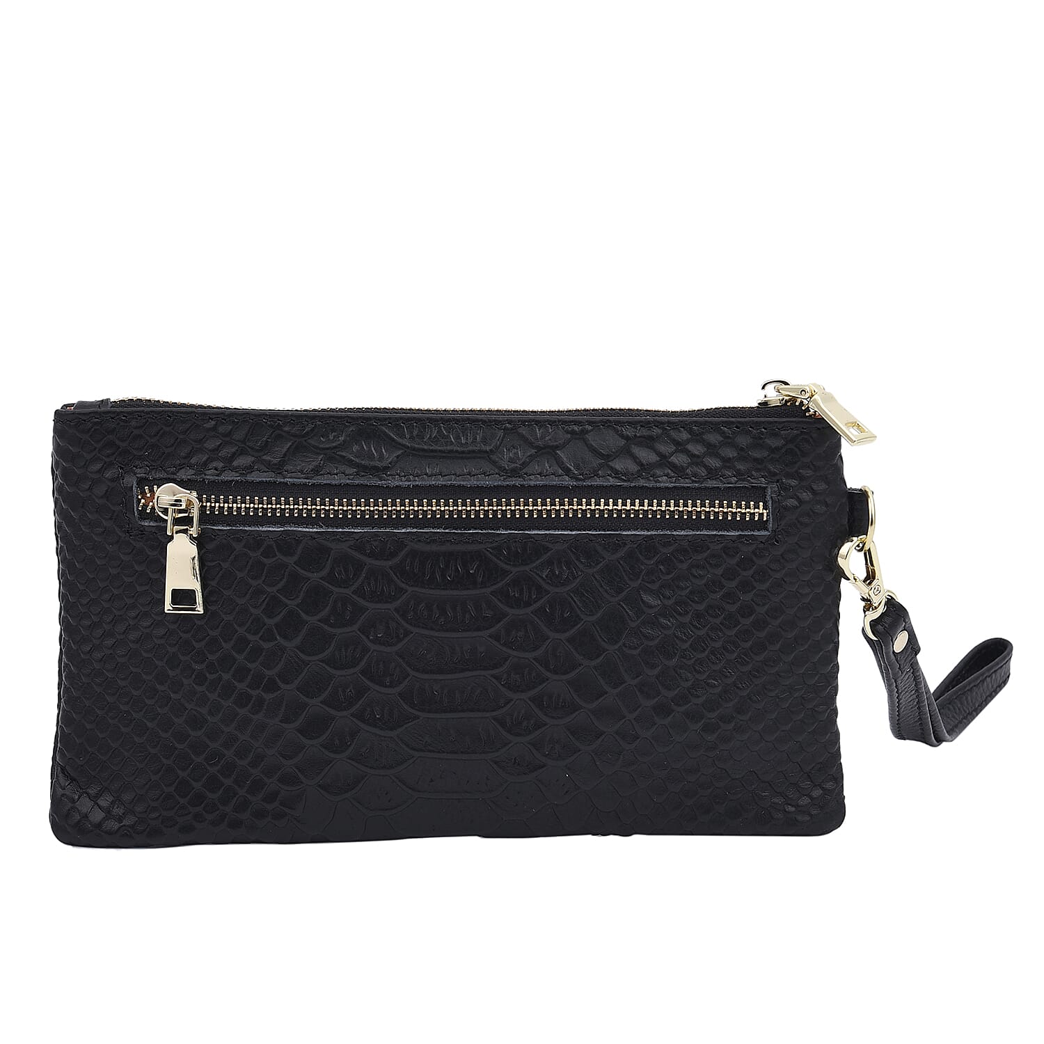 SENCILLEZ Genuine Leather Snakeskin Pattern Clutch Bag with Zipper Closure - Black