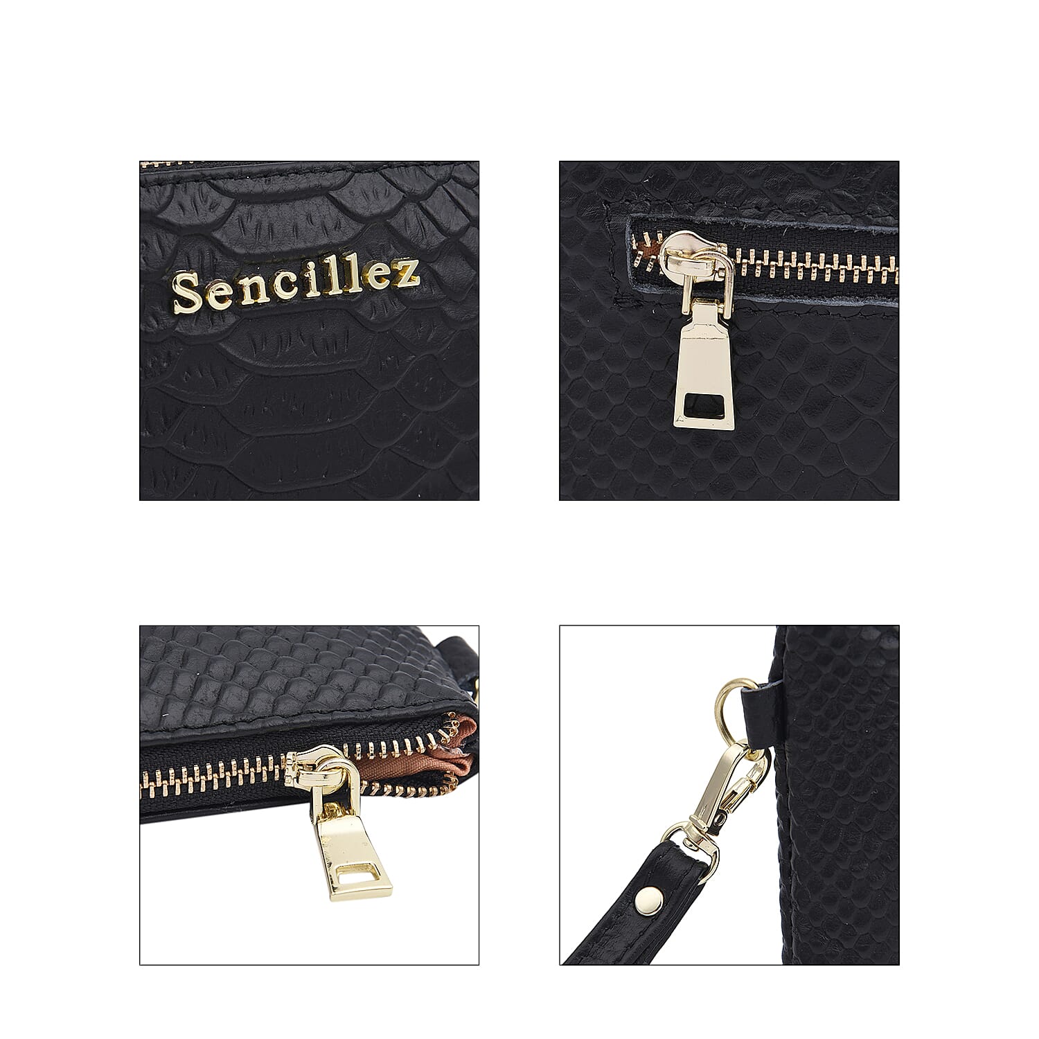 SENCILLEZ Genuine Leather Snakeskin Pattern Clutch Bag with Zipper Closure - Black