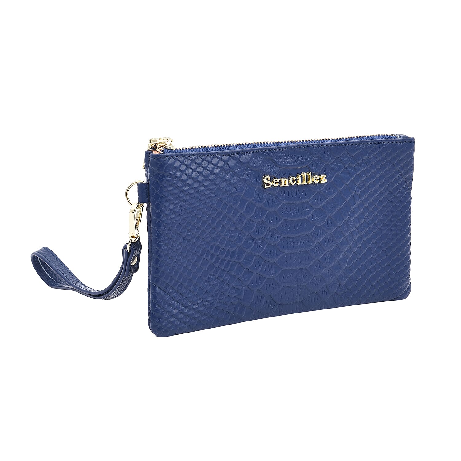SENCILLEZ 100% Genuine Leather Snakeskin Pattern Clutch Bag with Zipper Closure (Size 19x11Cm) - Blue