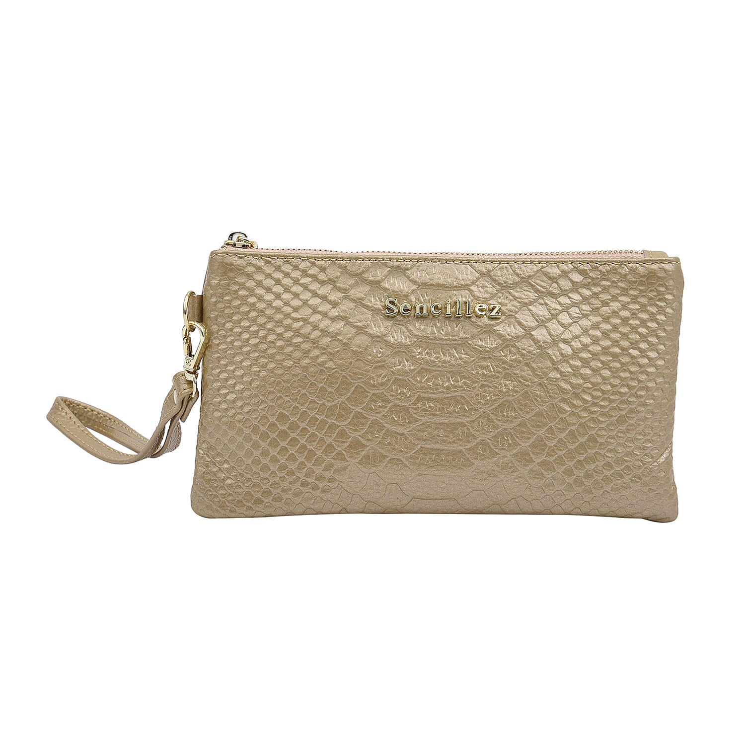 SENCILLEZ 100% Genuine Leather Snakeskin Pattern Clutch Bag with Zipper Closure (Size 19x11Cm) - Gold