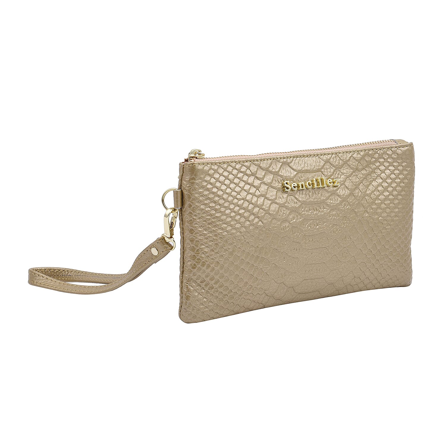 SENCILLEZ 100% Genuine Leather Snakeskin Pattern Clutch Bag with Zipper Closure (Size 19x11Cm) - Gold