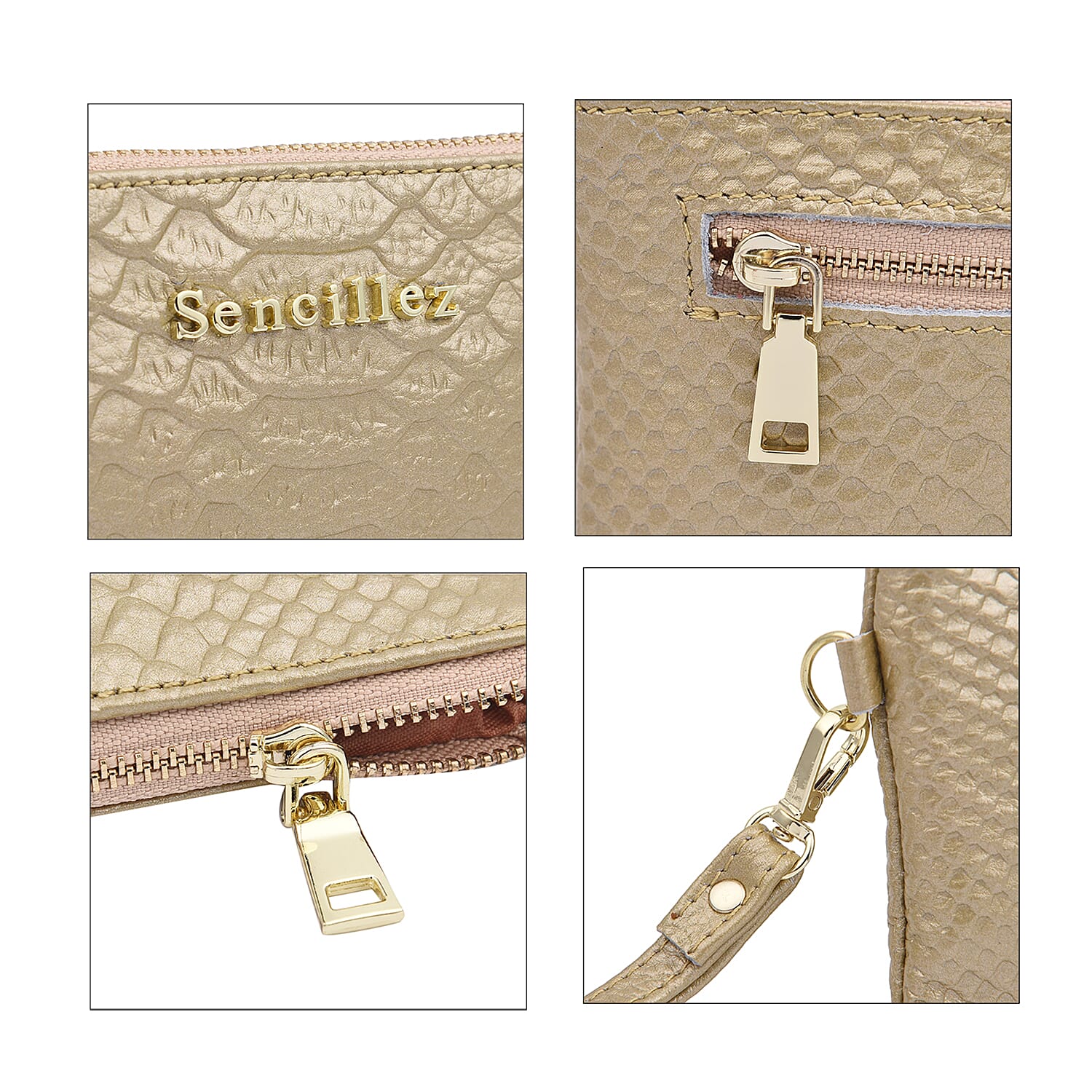 SENCILLEZ 100% Genuine Leather Snakeskin Pattern Clutch Bag with Zipper Closure (Size 19x11Cm) - Gold