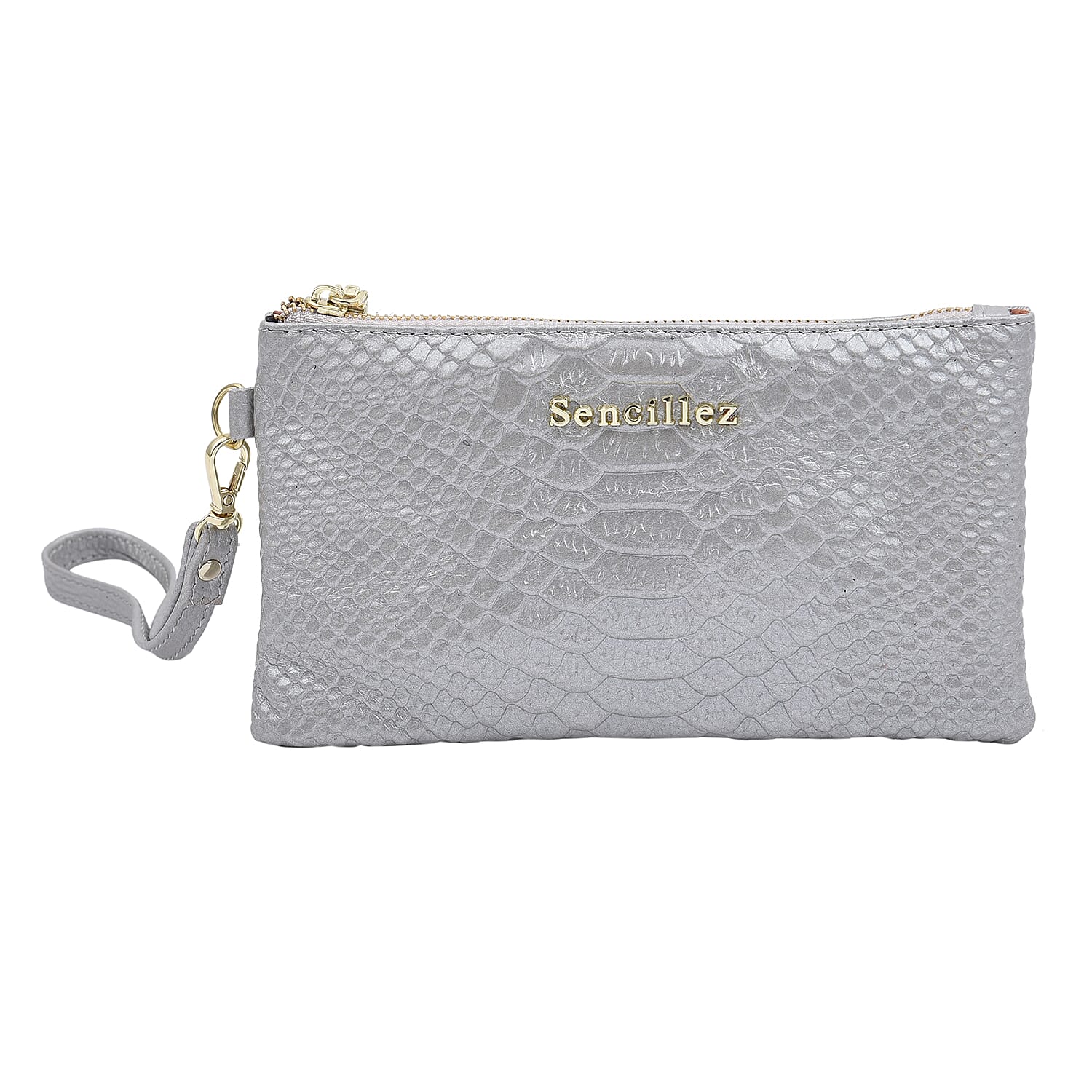 SENCILLEZ 100% Genuine Leather Snakeskin Pattern Clutch Bag with Zipper Closure (Size 19x11Cm) - Silver