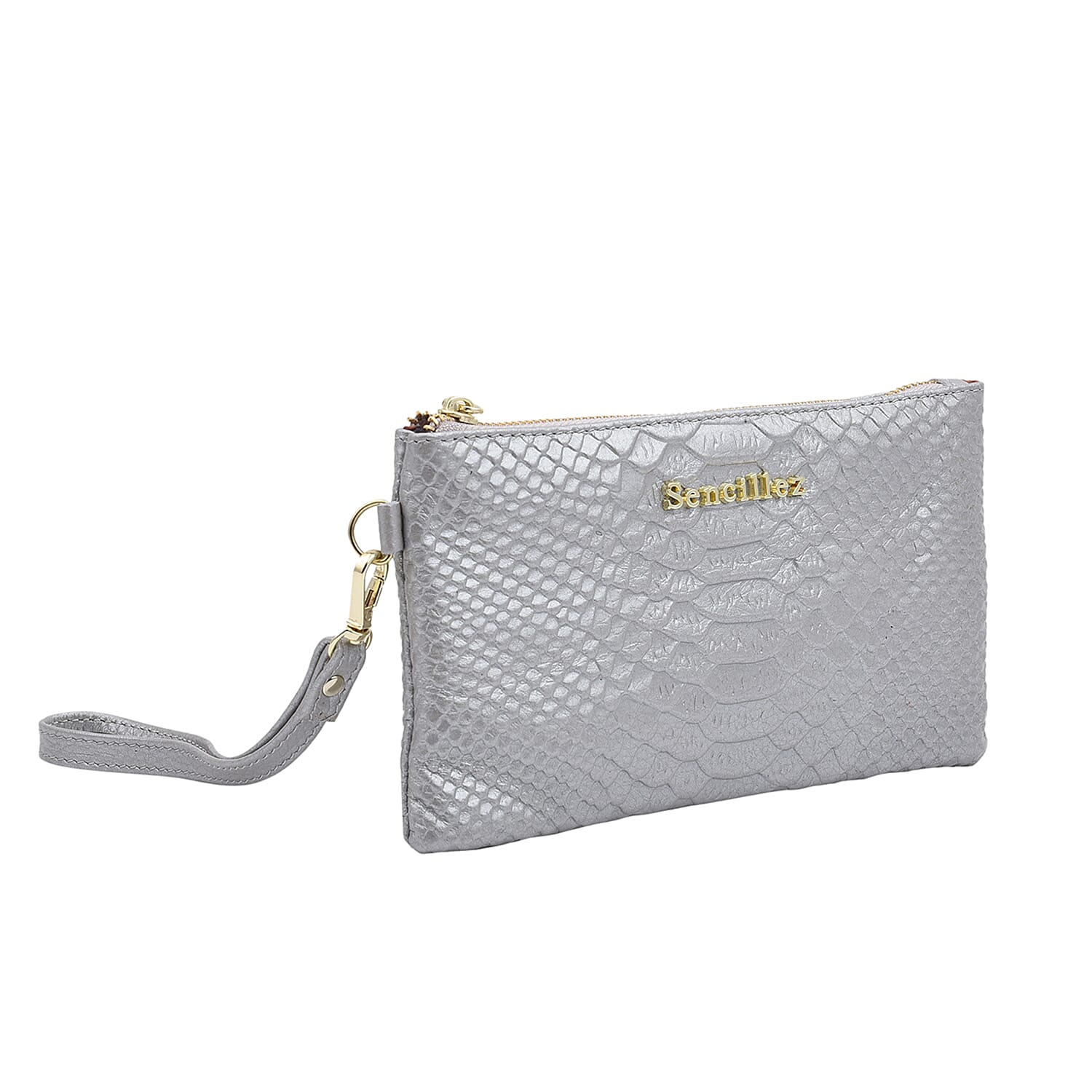SENCILLEZ 100% Genuine Leather Snakeskin Pattern Clutch Bag with Zipper Closure (Size 19x11Cm) - Silver