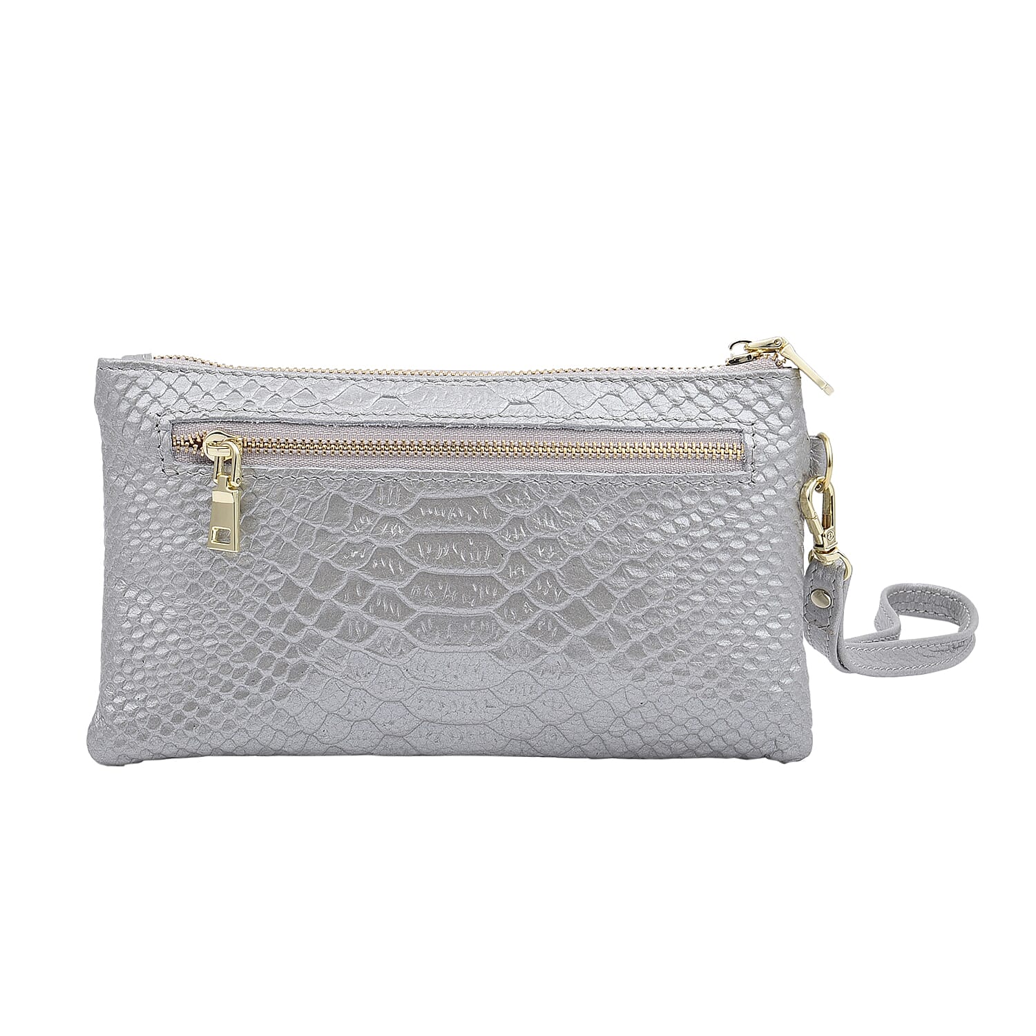 SENCILLEZ 100% Genuine Leather Snakeskin Pattern Clutch Bag with Zipper Closure (Size 19x11Cm) - Silver