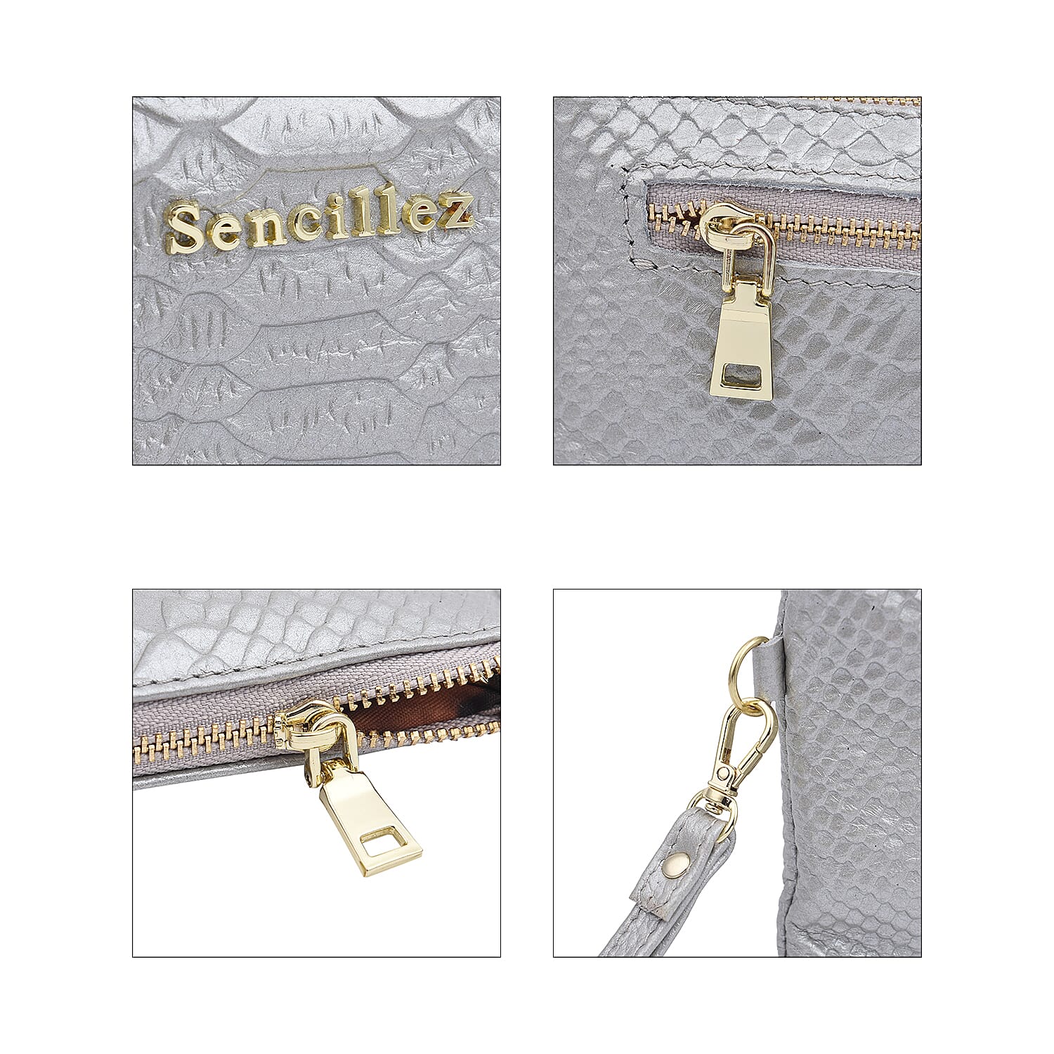 SENCILLEZ 100% Genuine Leather Snakeskin Pattern Clutch Bag with Zipper Closure (Size 19x11Cm) - Silver